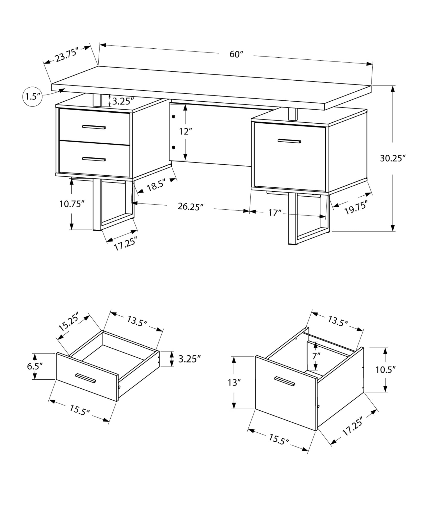 24" Brown Rectangular Computer Desk With Three Drawers