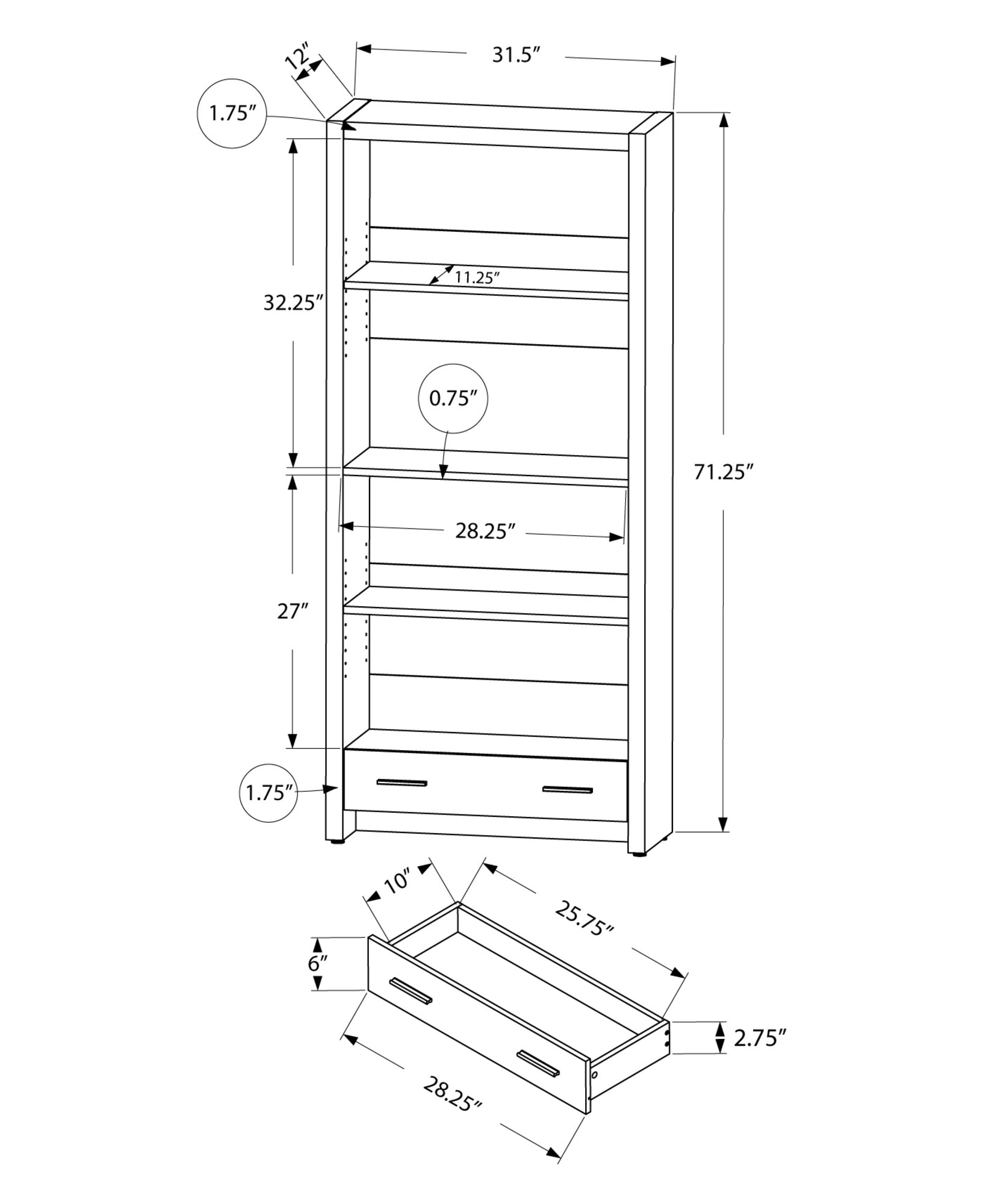 71" Taupe Four Tier Barrister Bookcase With One Drawer