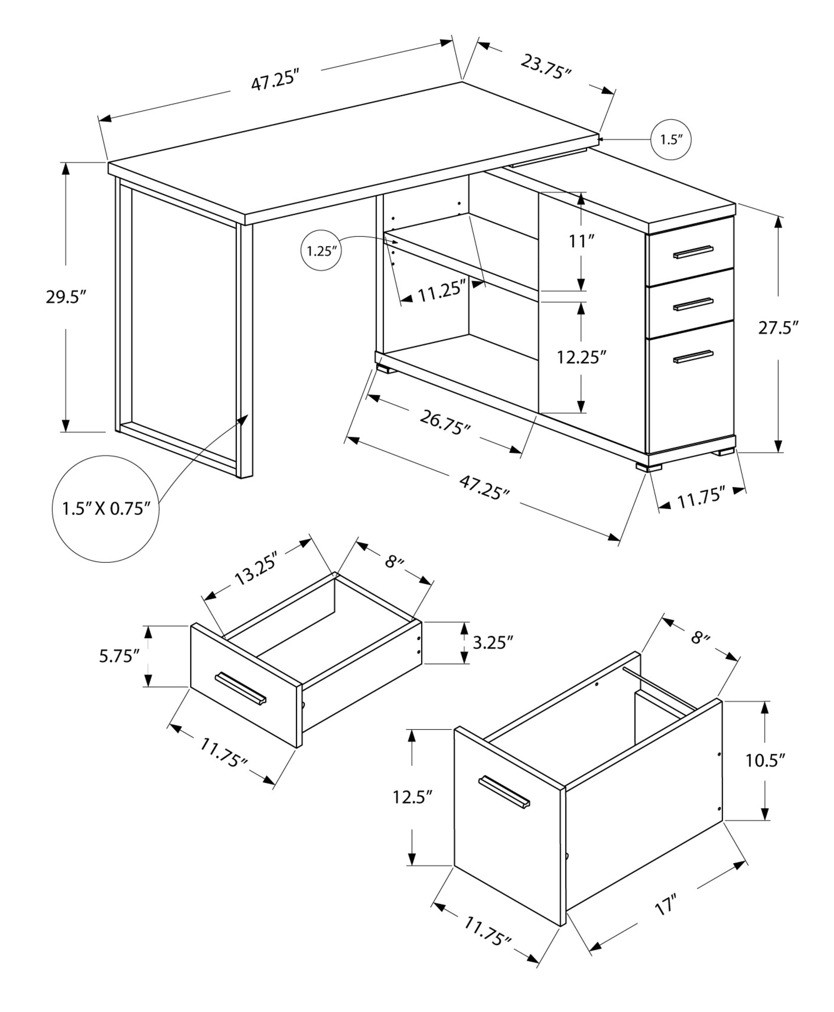 47" Taupe L-Shape Computer Desk With Three Drawers