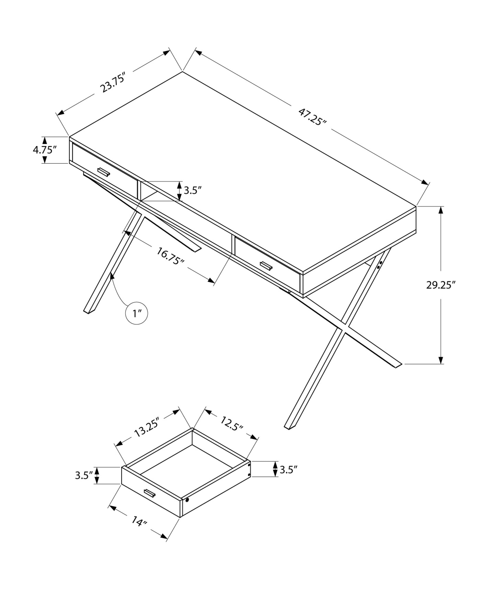 24" White Rectangular Computer Desk With Two Drawers