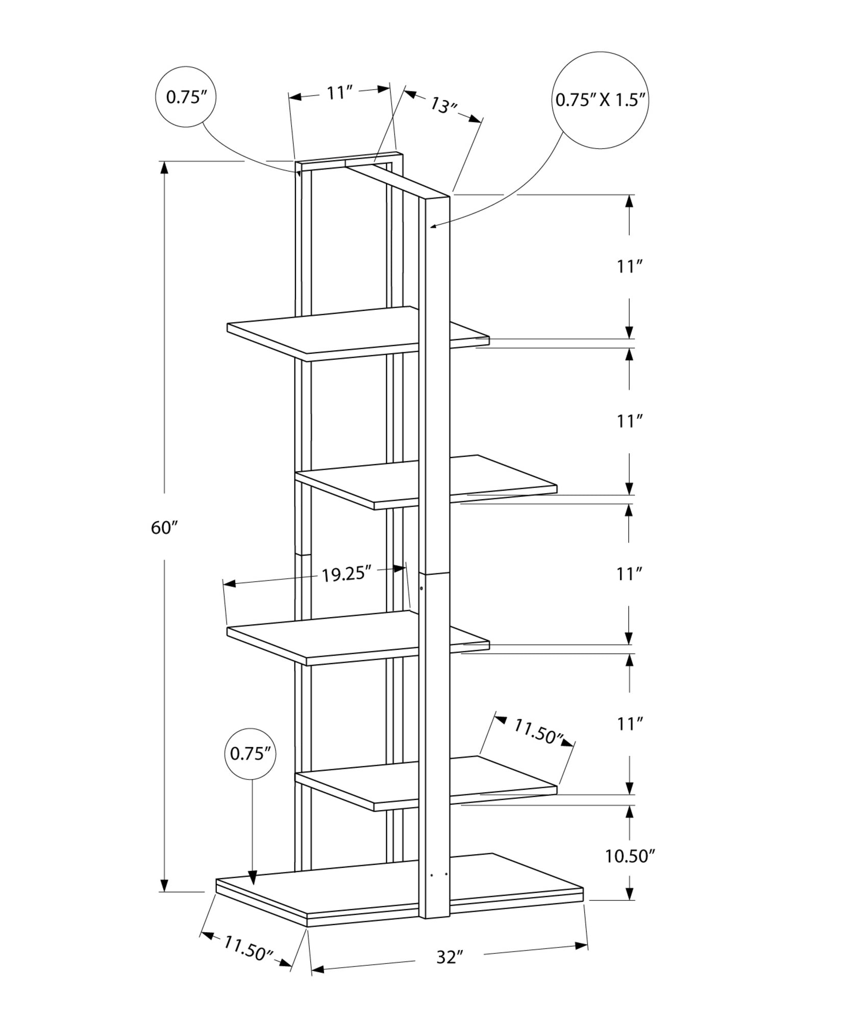 60" Taupe Metal Five Tier Etagere Bookcase