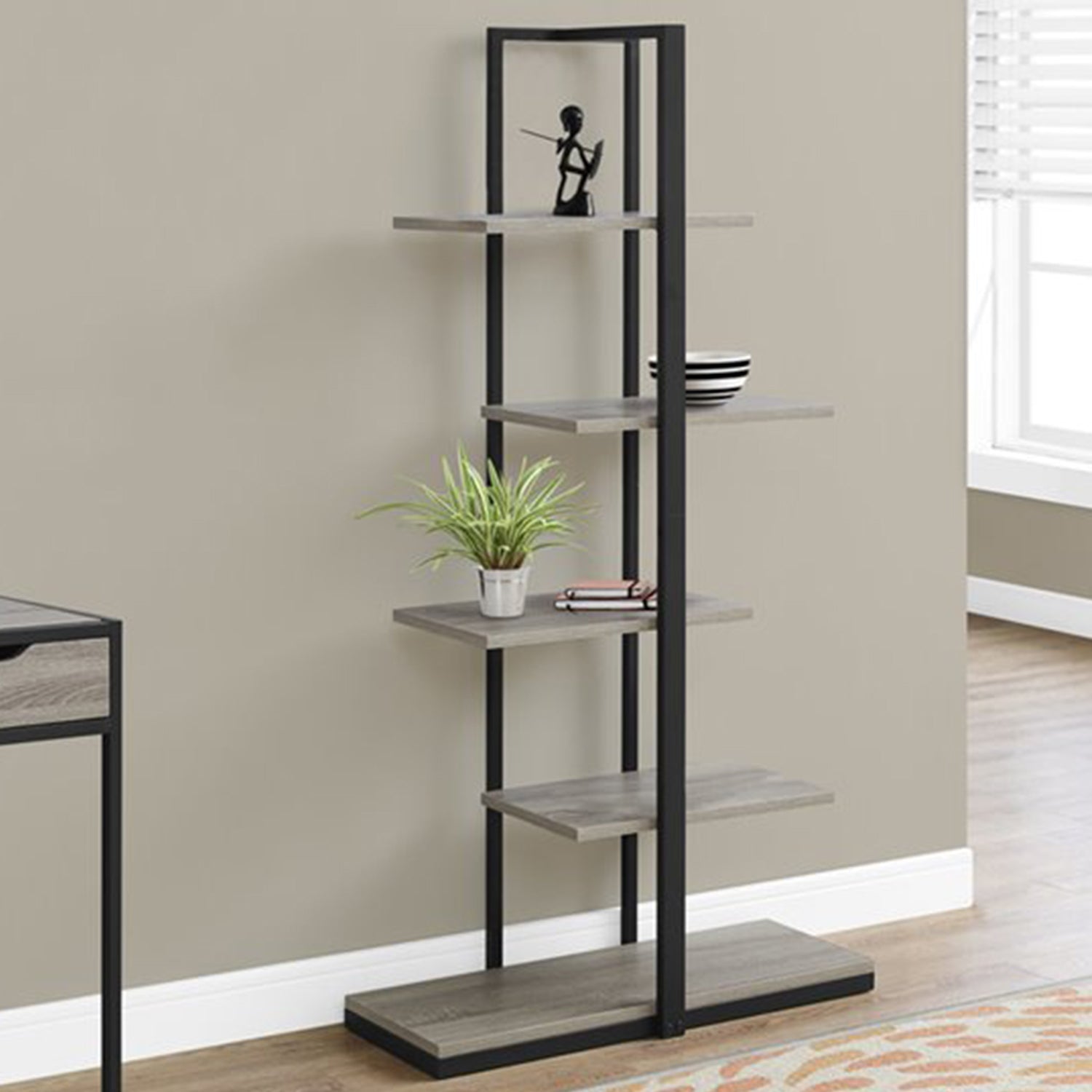 60" Taupe Metal Five Tier Etagere Bookcase