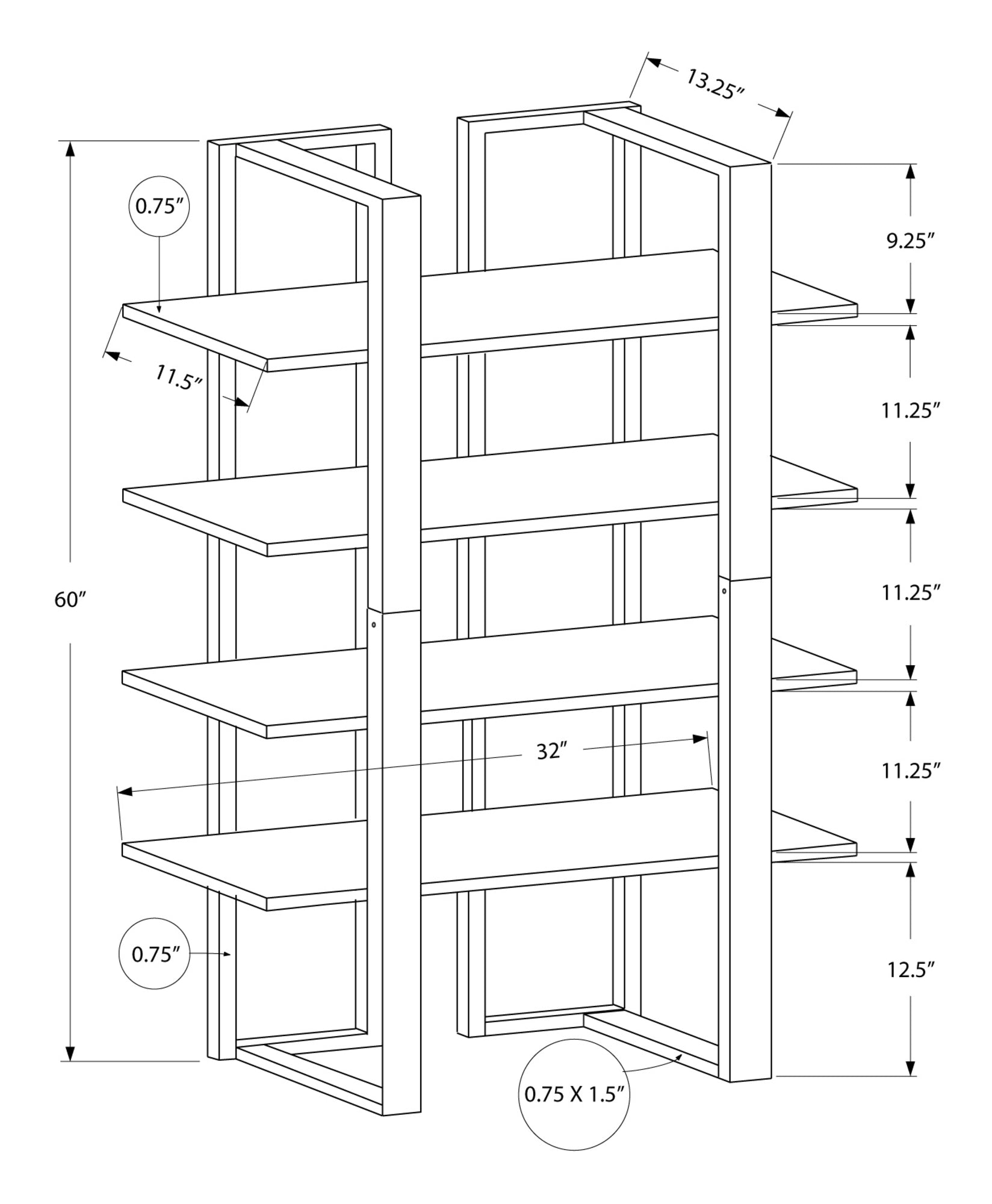 60" Black Metal Four Tier Standard Bookcase