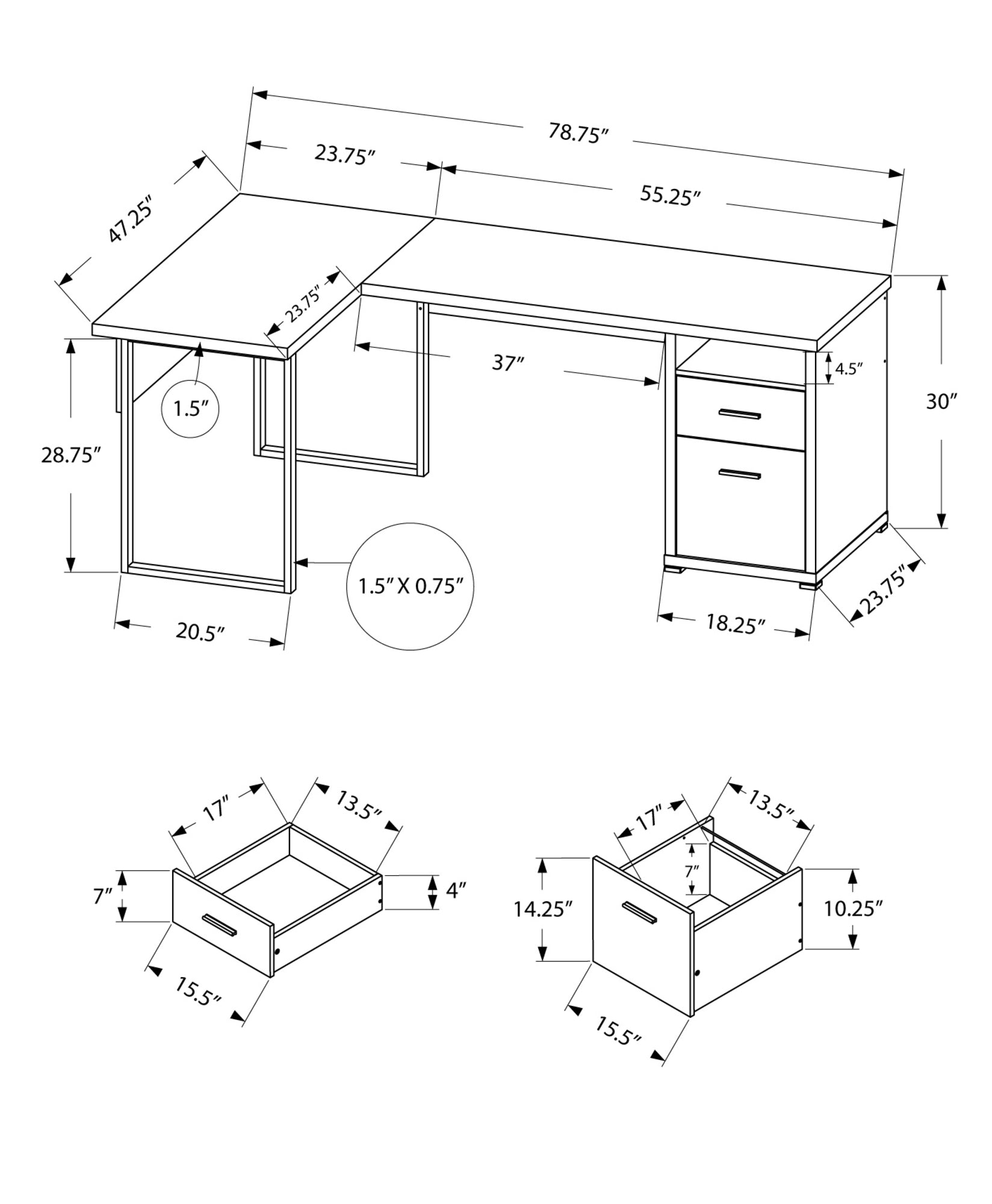 47" Grey L-Shape Computer Desk With Two Drawers