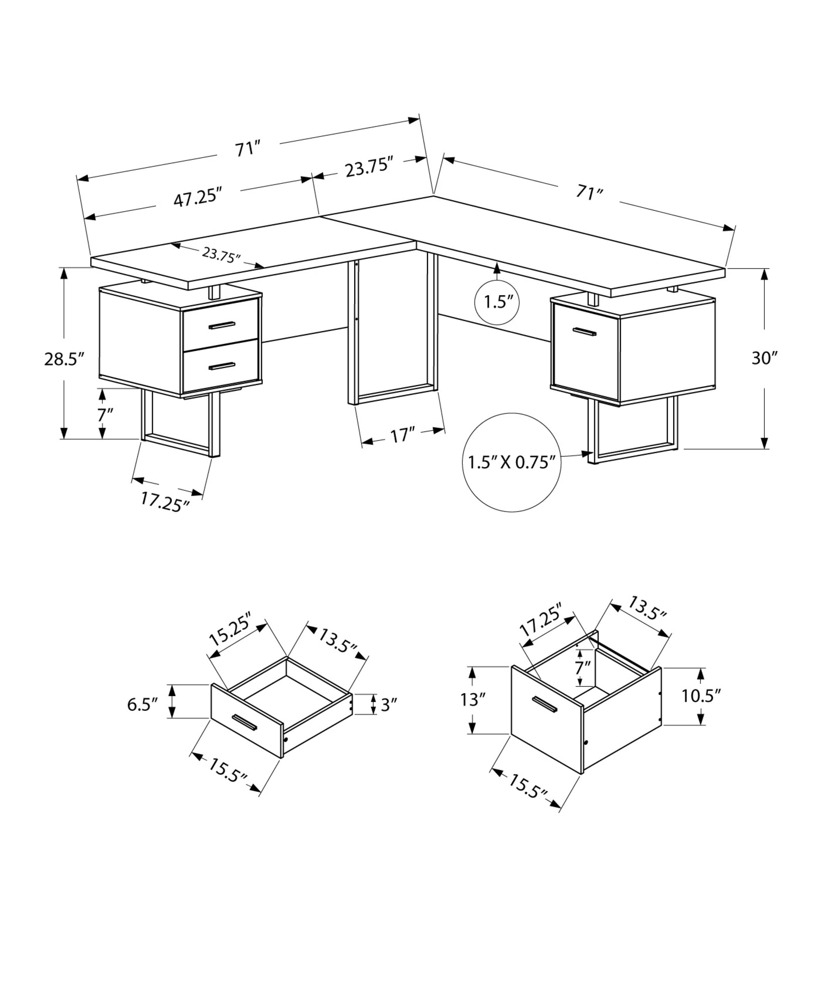 71" Grey L-Shape Computer Desk With Three Drawers