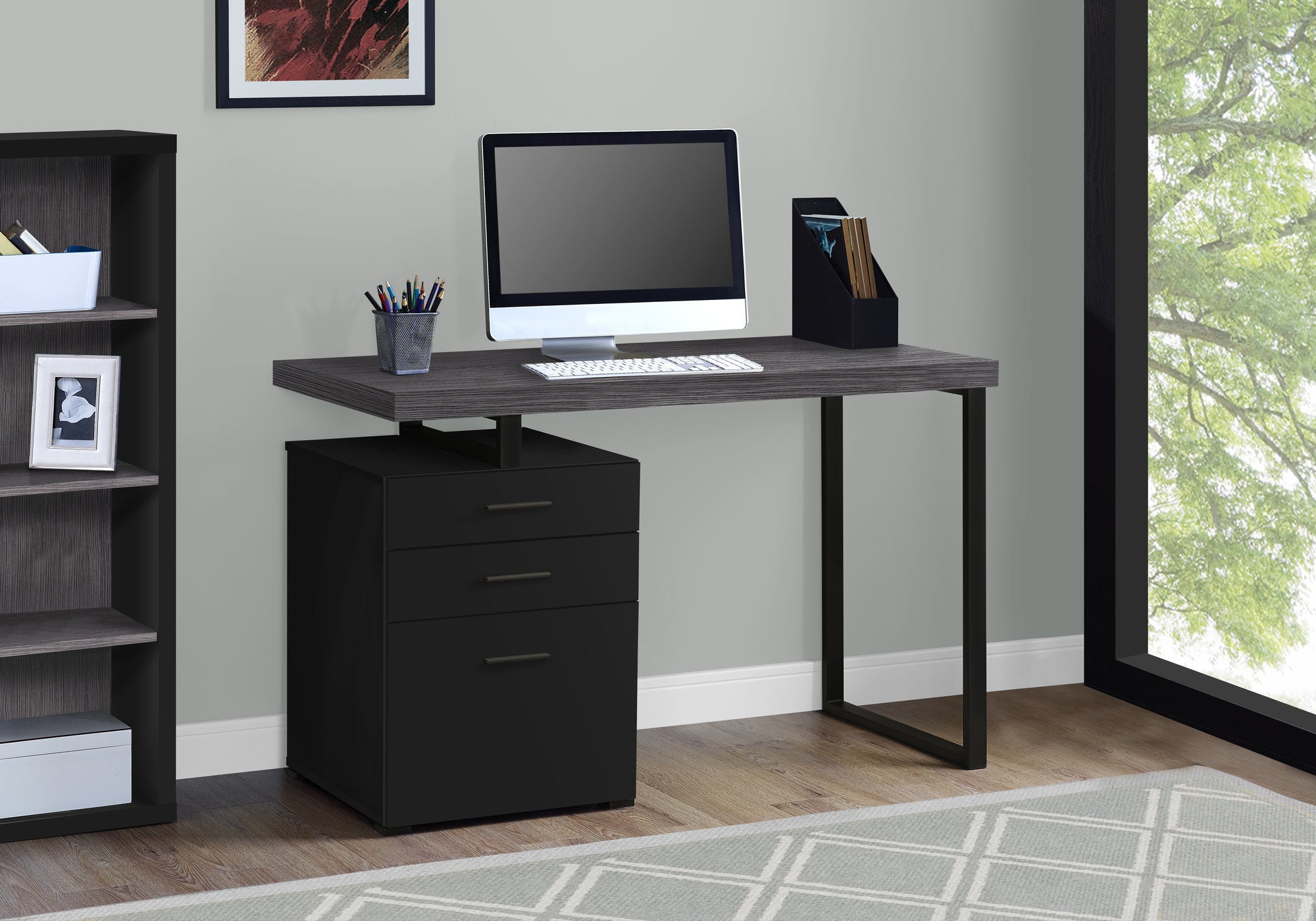 24" Black Rectangular Computer Desk With Three Drawers