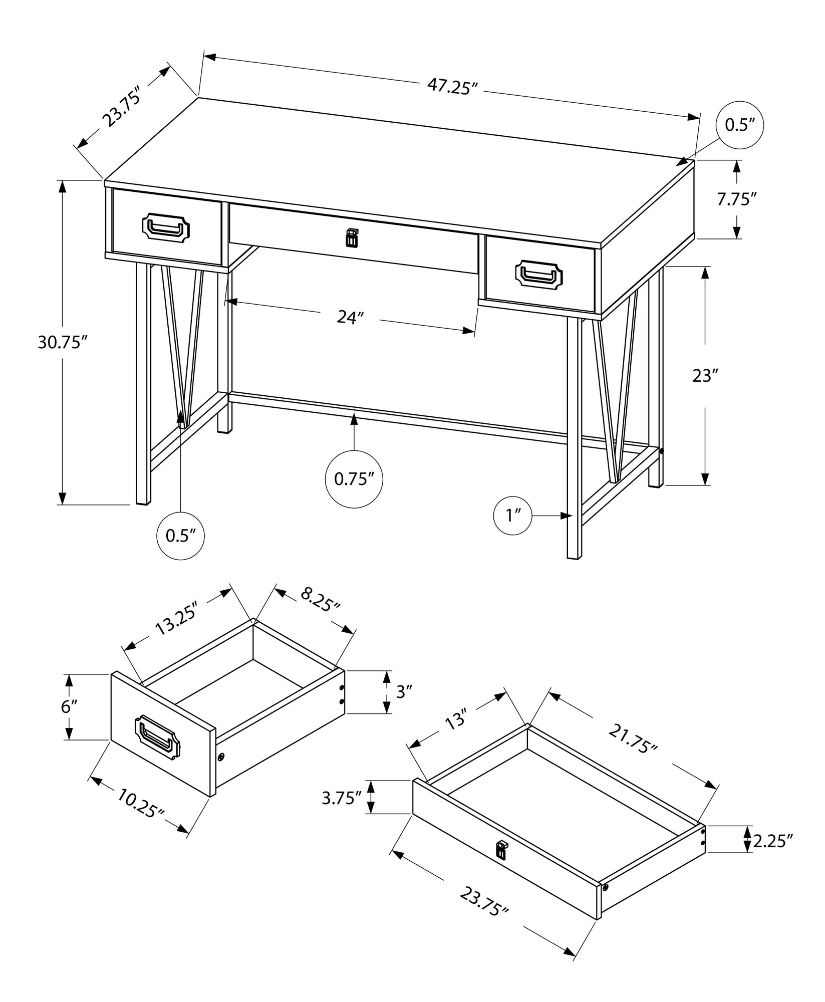 24" Grey Rectangular Computer Desk With Three Drawers