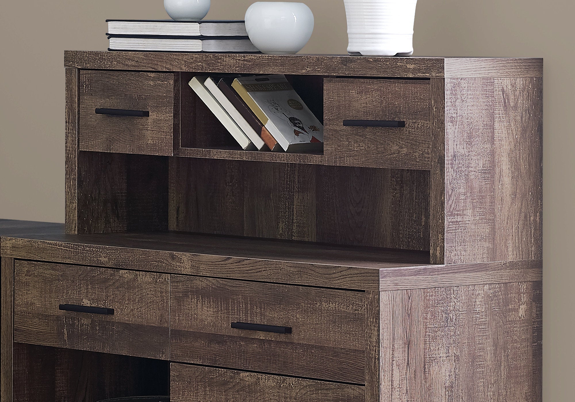 150" Brown Wood L Shape Computer Desk With Eight Drawers