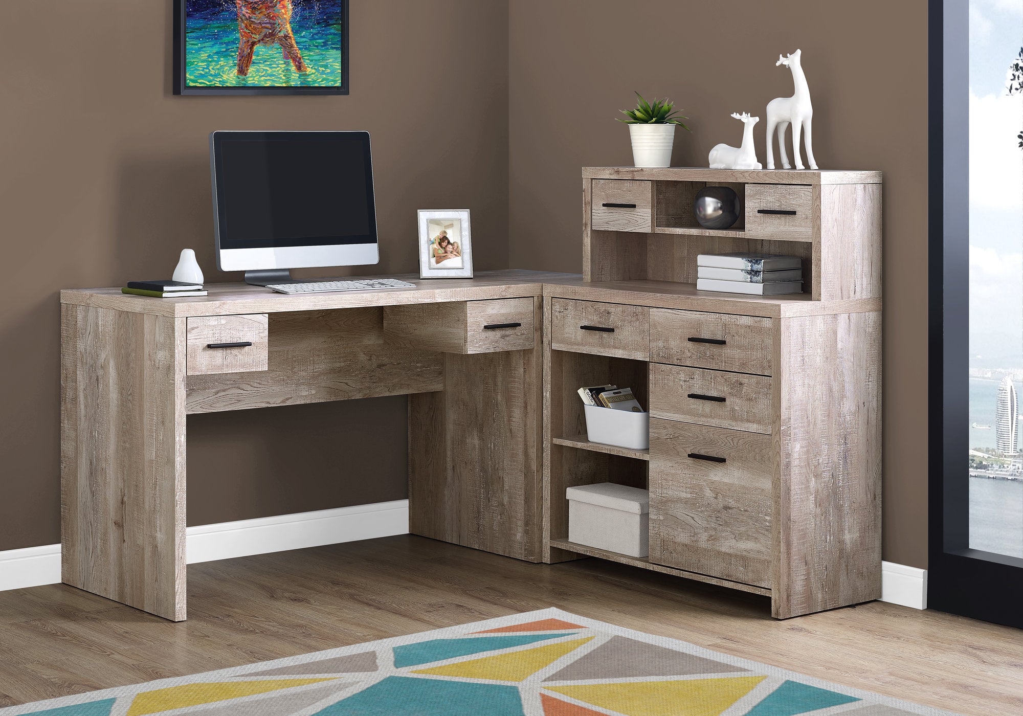 63" Taupe Walnut Wood L Shape Computer Desk With Eight Drawers