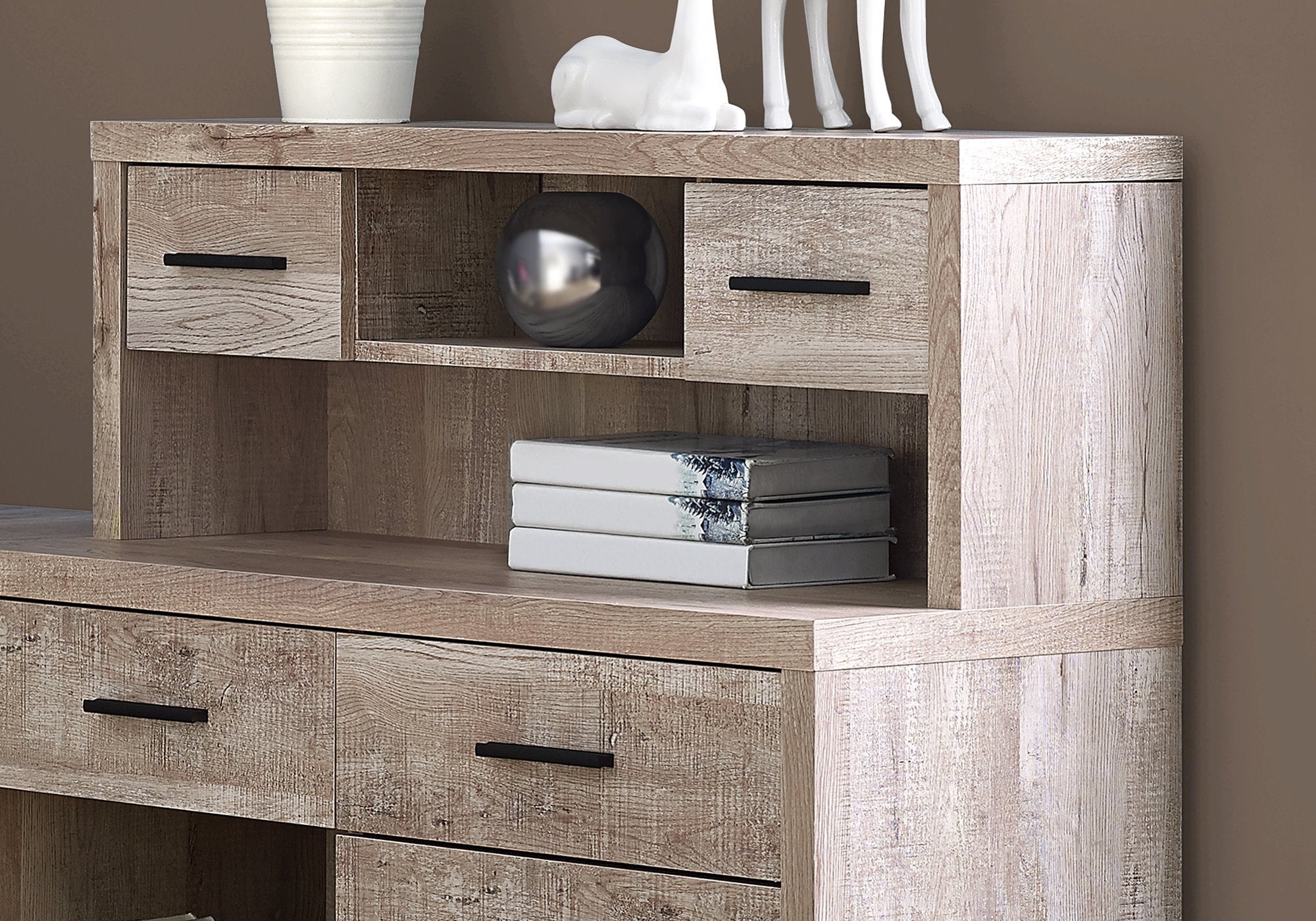 63" Taupe Walnut Wood L Shape Computer Desk With Eight Drawers