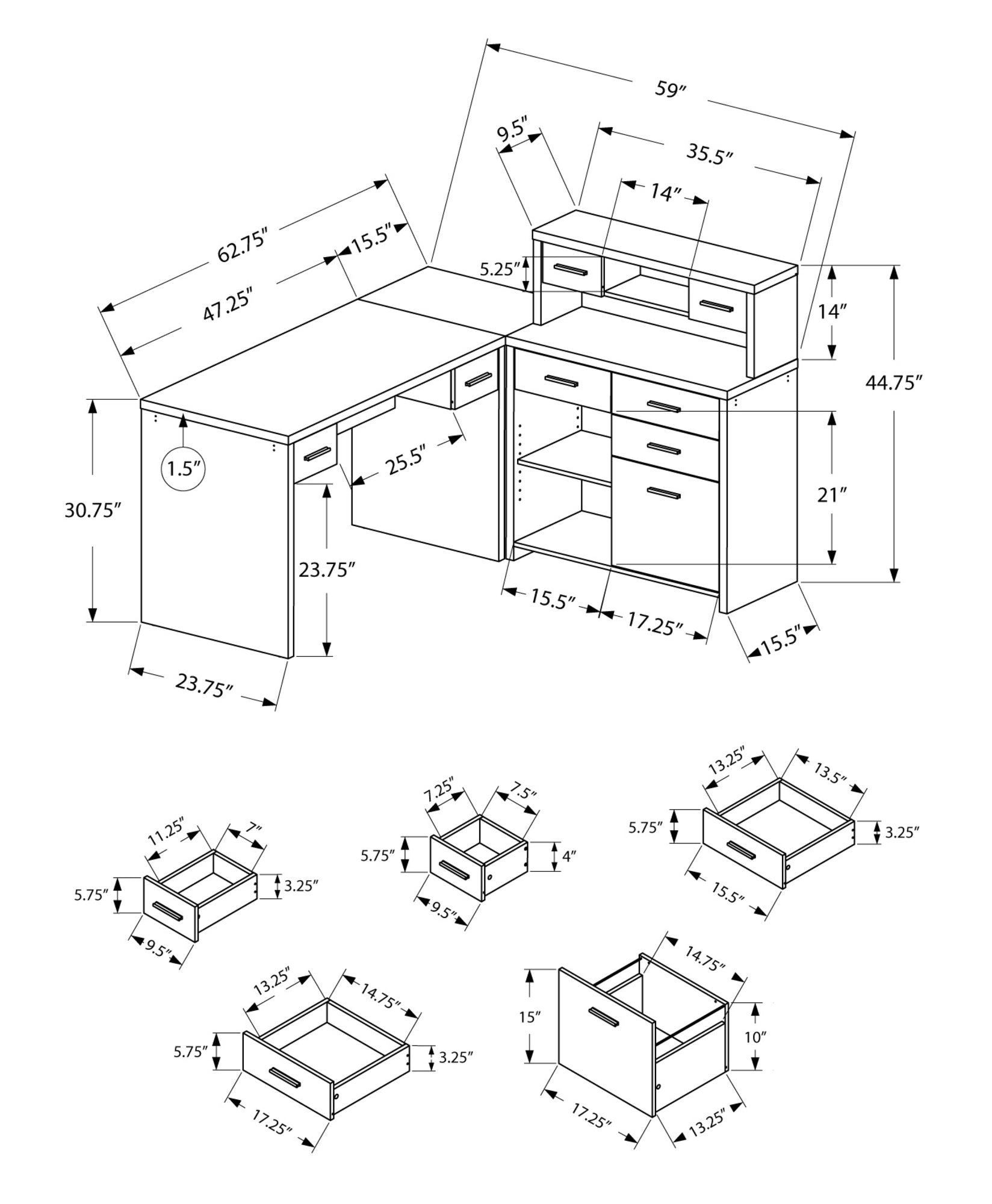 63" Taupe Walnut Wood L Shape Computer Desk With Eight Drawers