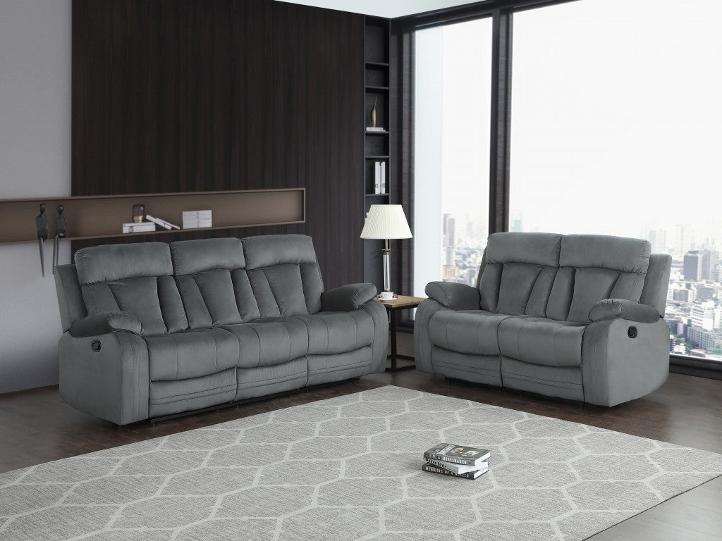 68'" X 38'"  Modern Gray Leather Sofa And Loveseat