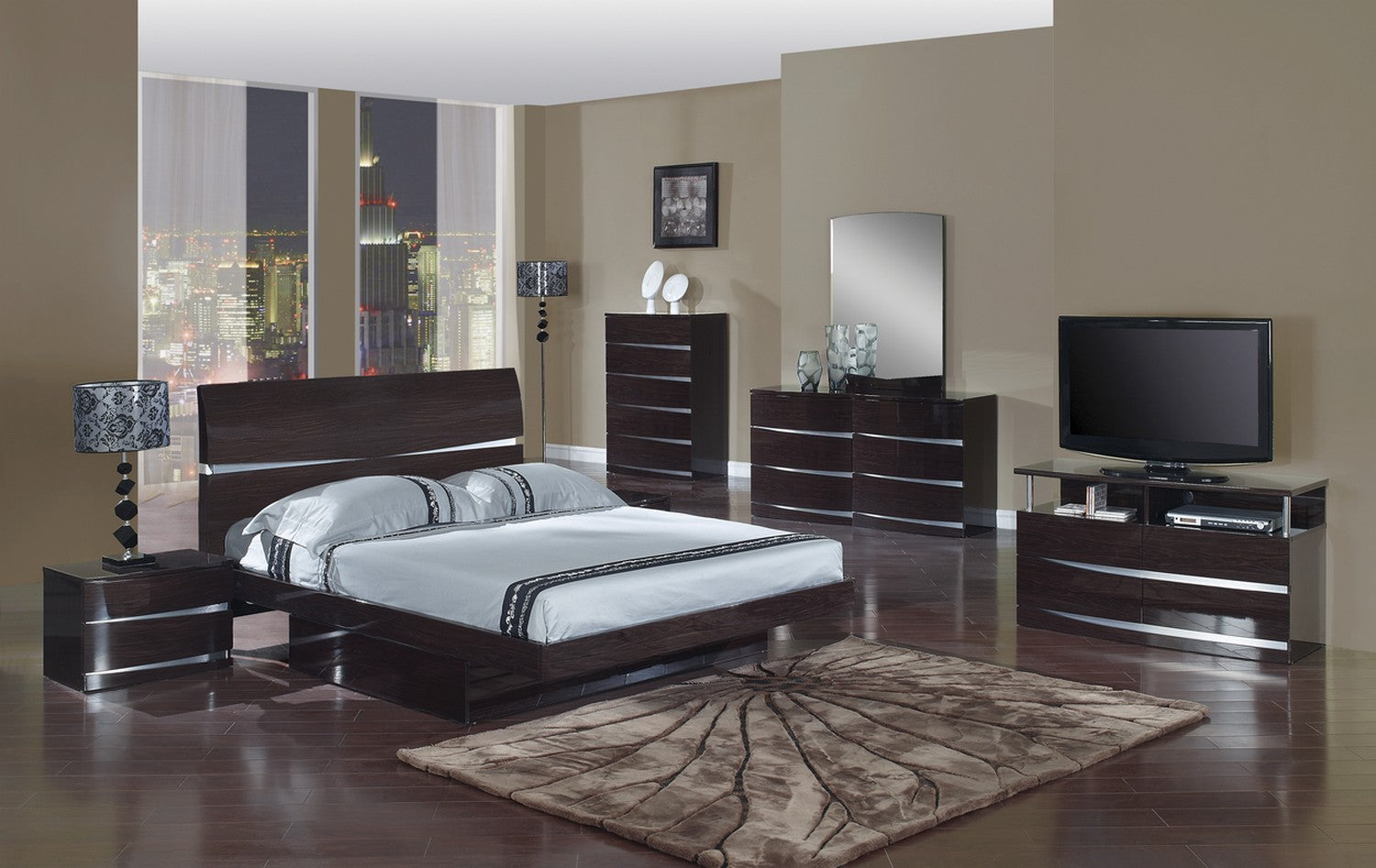 80" X 80"  X 42.5" 4Pc Eastern King Modern Wenge High Gloss Wenge Bedroom Set