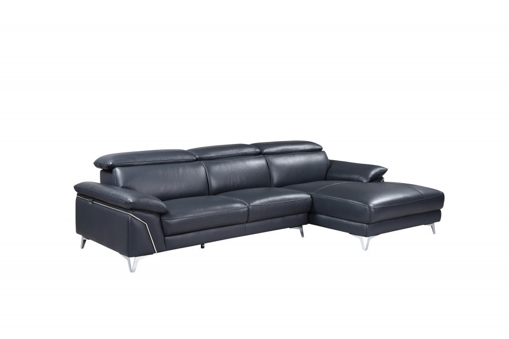 Dark Blue Italian Leather Stationary L Shaped Two Piece Sofa And Chaise