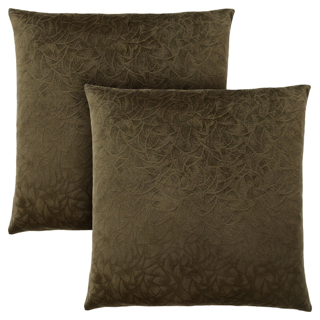 Set Of Two 18" X 18" Dark Green Velvet Polyester Floral Zippered Pillow