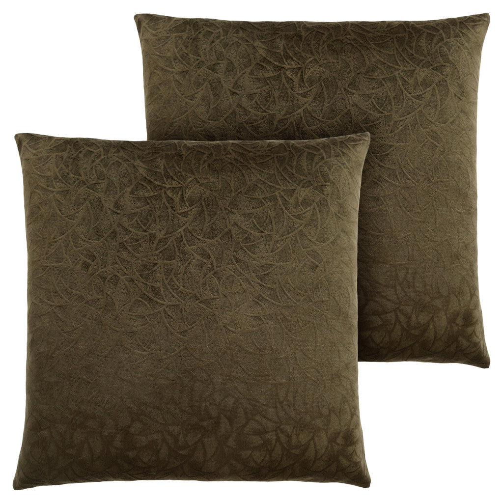 Set Of Two 18" X 18" Dark Green Velvet Polyester Floral Zippered Pillow