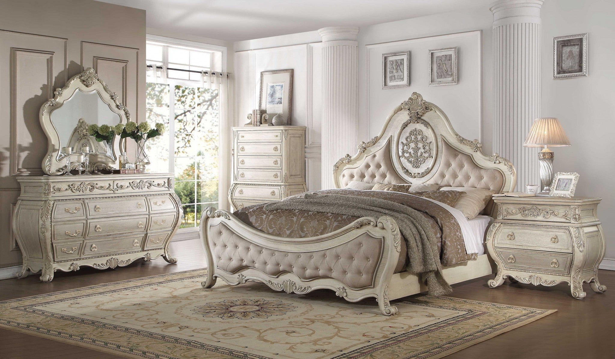 Queen Tufted Beige Upholstered Linen Bed With Nailhead Trim