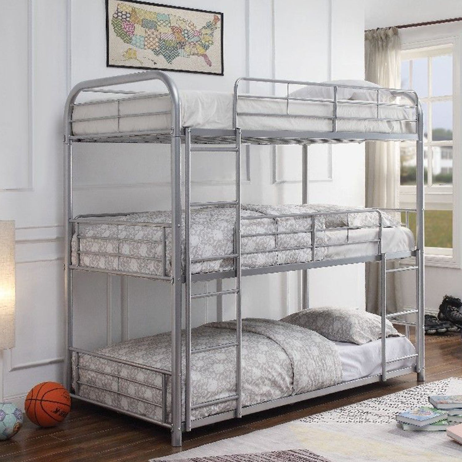 42" X 79" X 74" Silver Metal Triple Bunk Bed - Twin