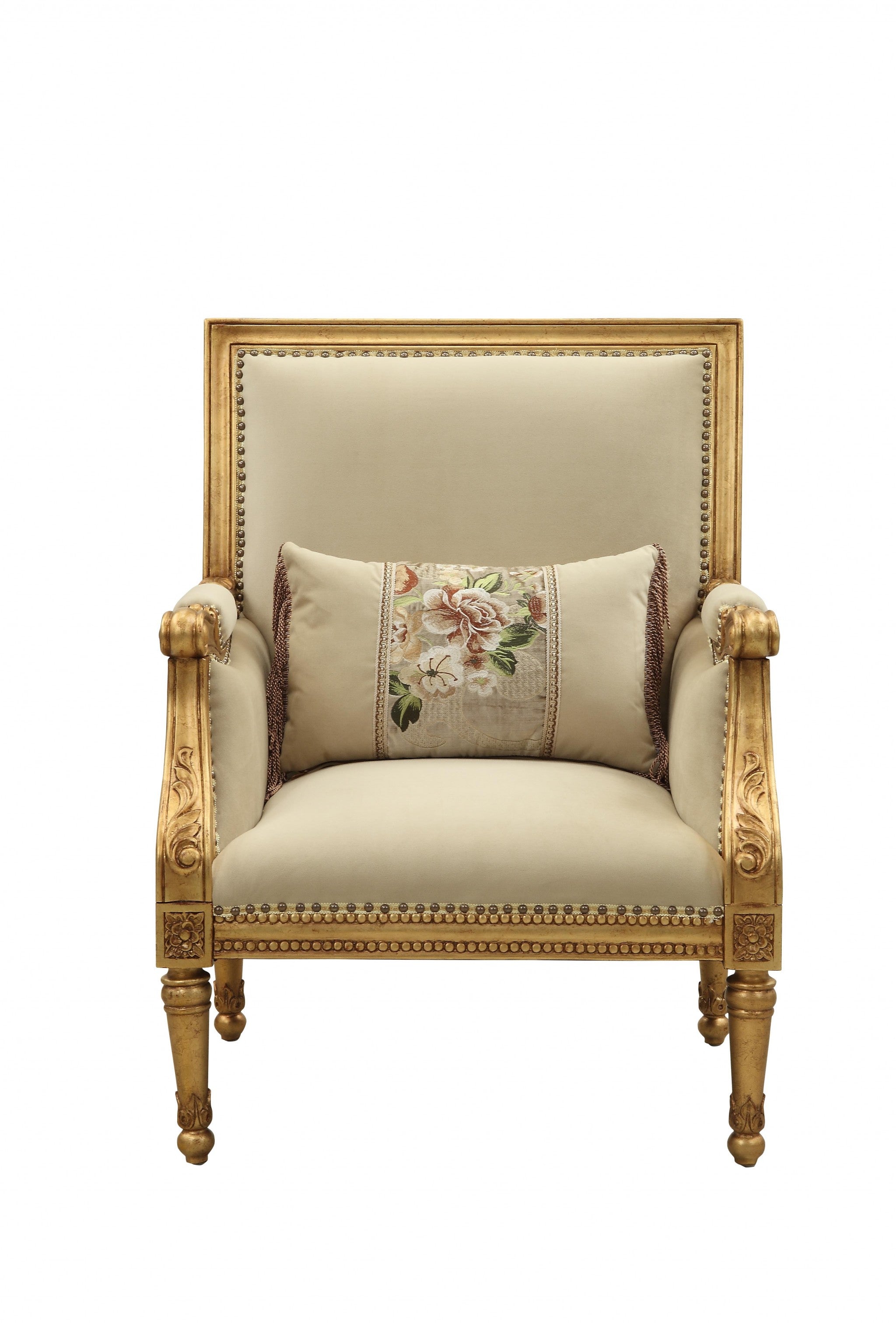 33" X 32" X 41" Fabric Antique Gold Upholstery Wood Legtrim Accent Chair  Pillow