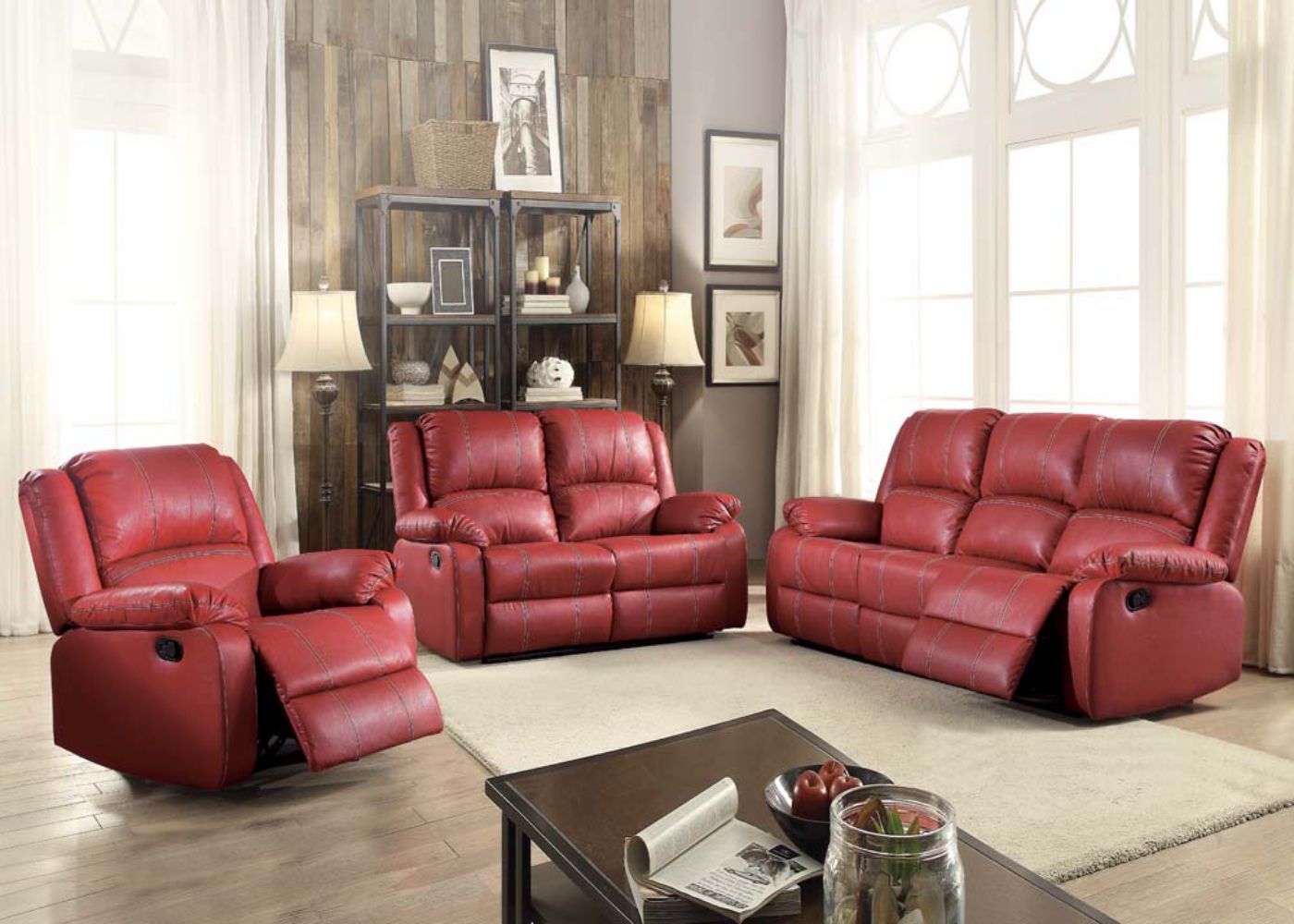 39" Red Faux leather and Black Reclining Sofa