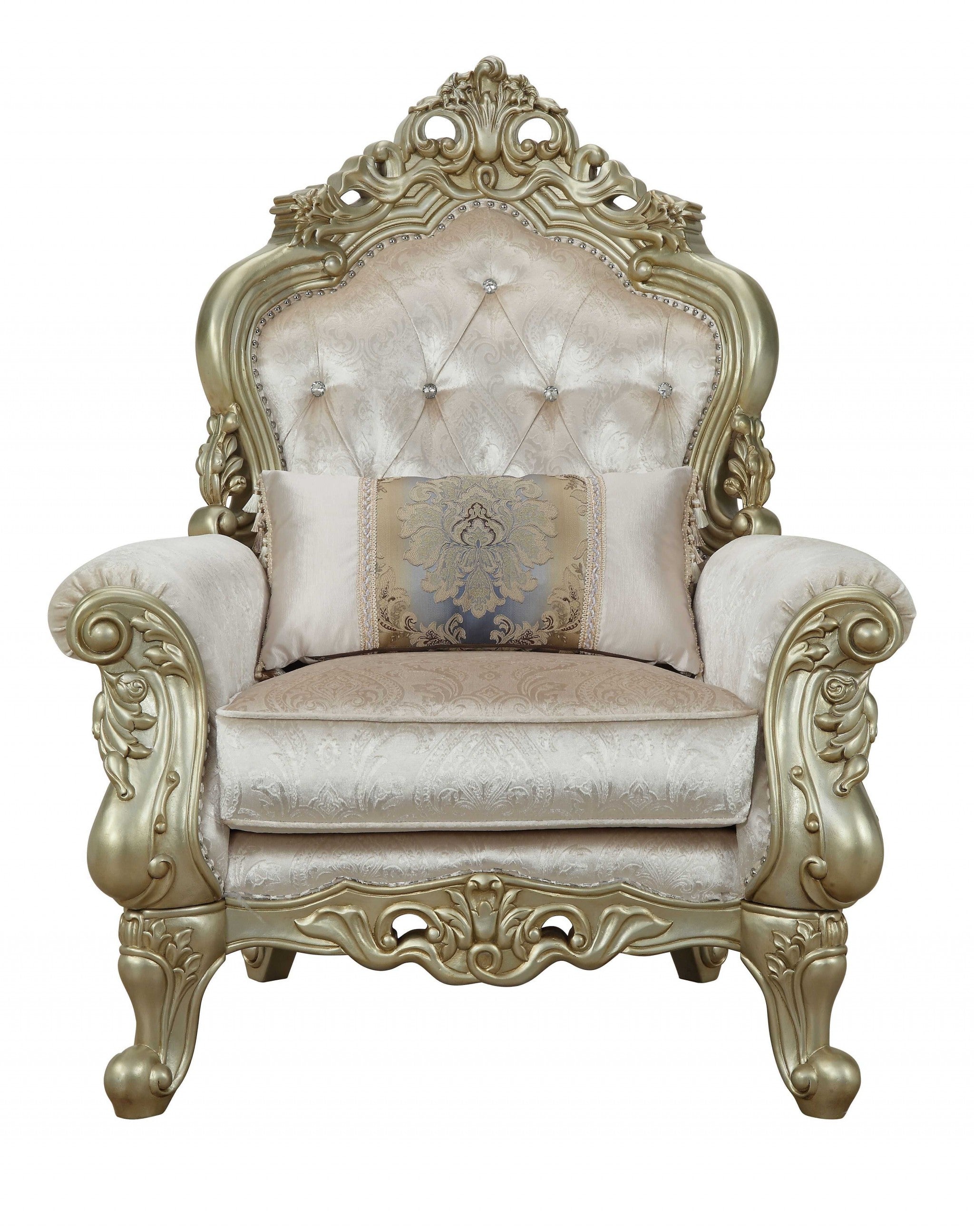 40" White And Pearl Fabric Damask Tufted Chesterfield Chair