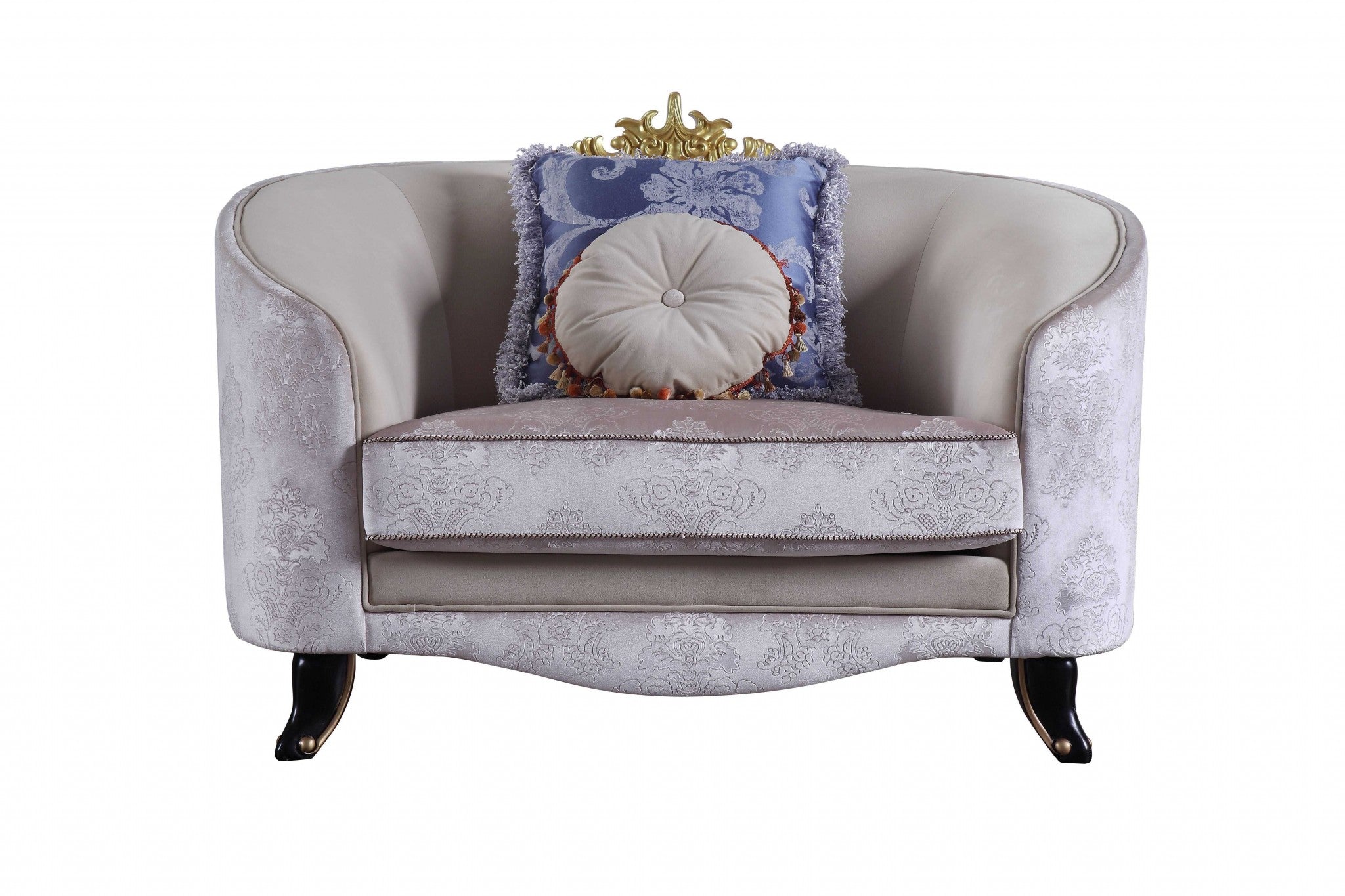 38" Cream And Black Velvet Damask Barrel Chair