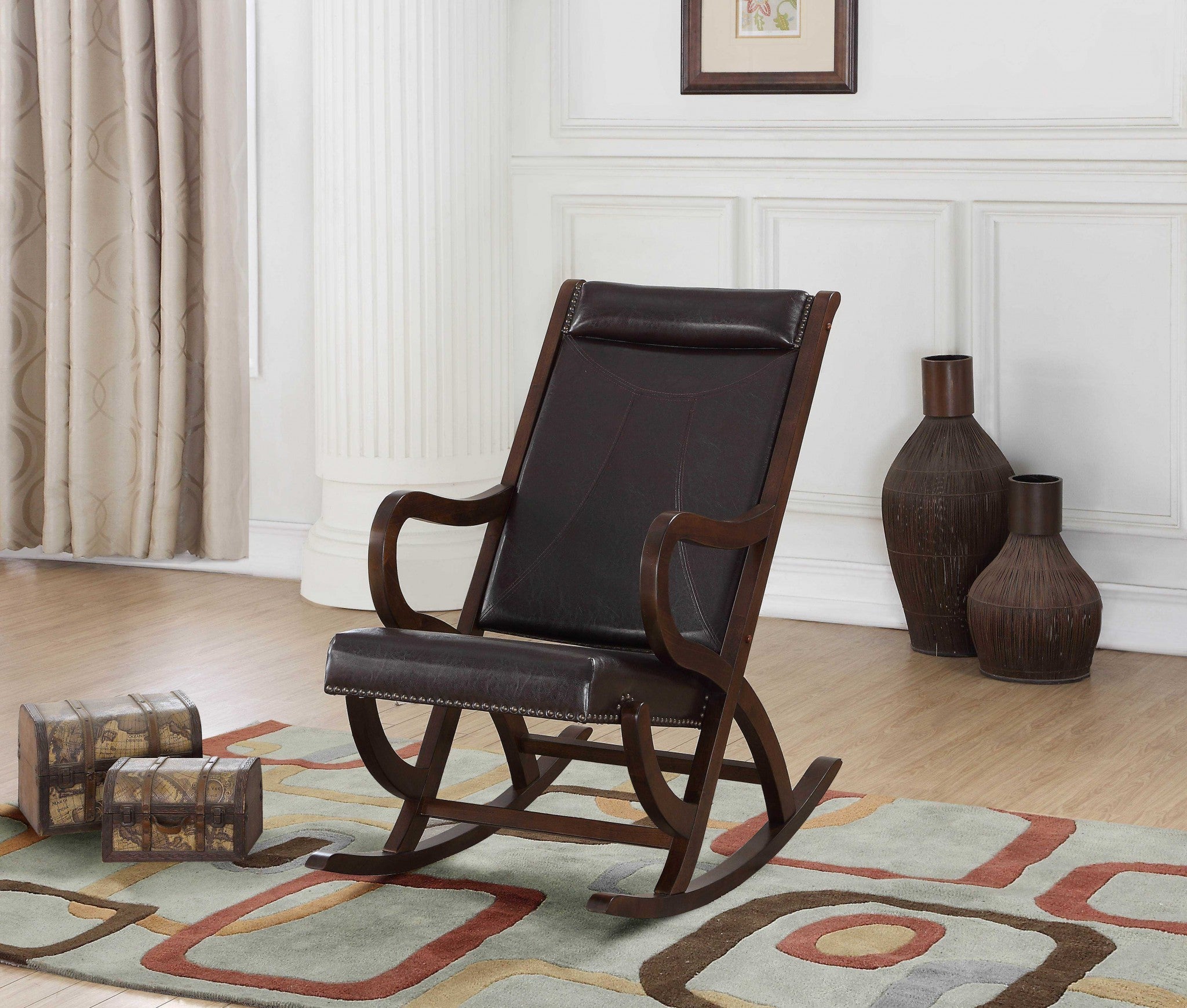 Espresso Brown Faux Leather With Walnut Finish Rocking Chair