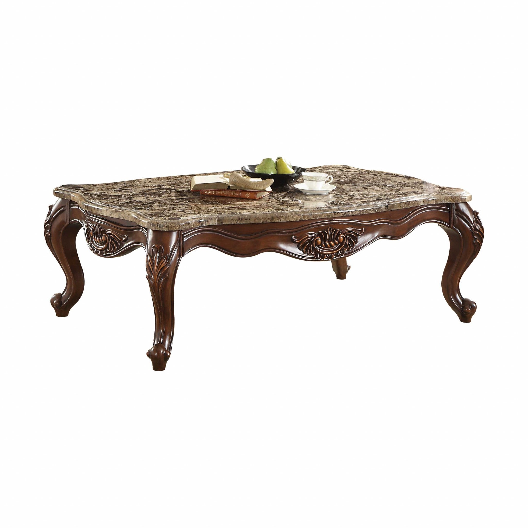 58" Chocolate And Brown Genuine Marble Rectangular Coffee Table