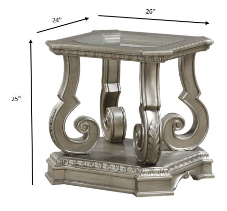 24" X 26" X 25" Antique Champagne Clear Glass Wood Poly-Resin End Table