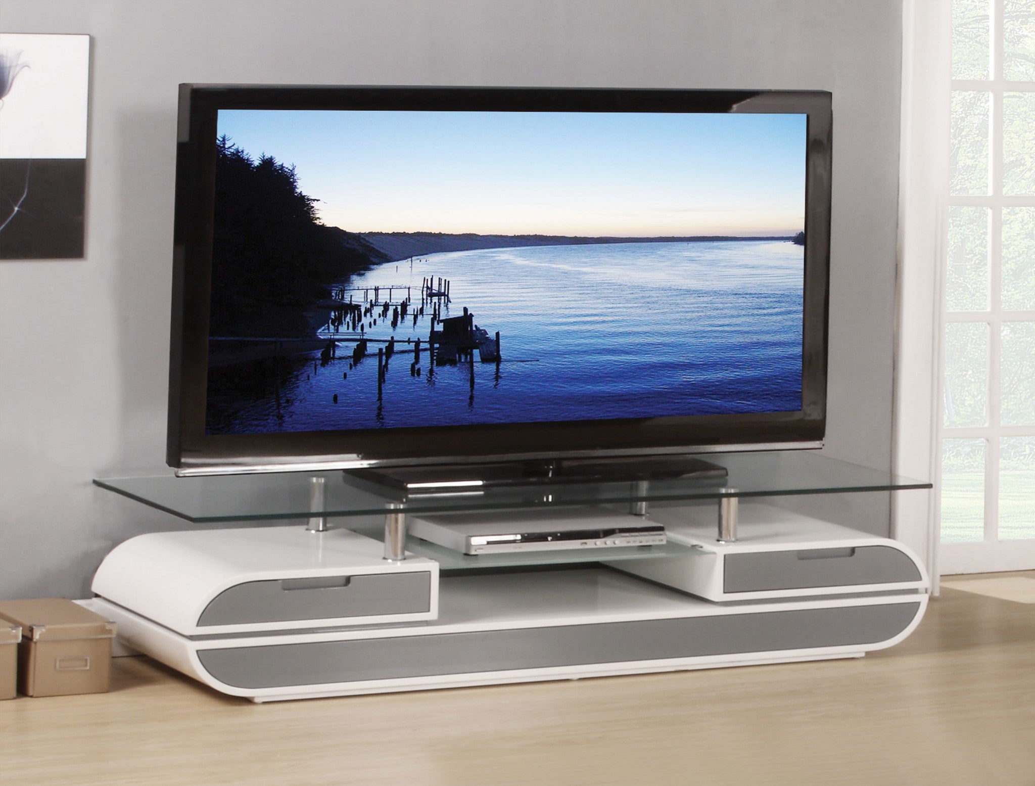 20" X 63" X 16" White Gray Wood Glass Metal Veneer TV Stand