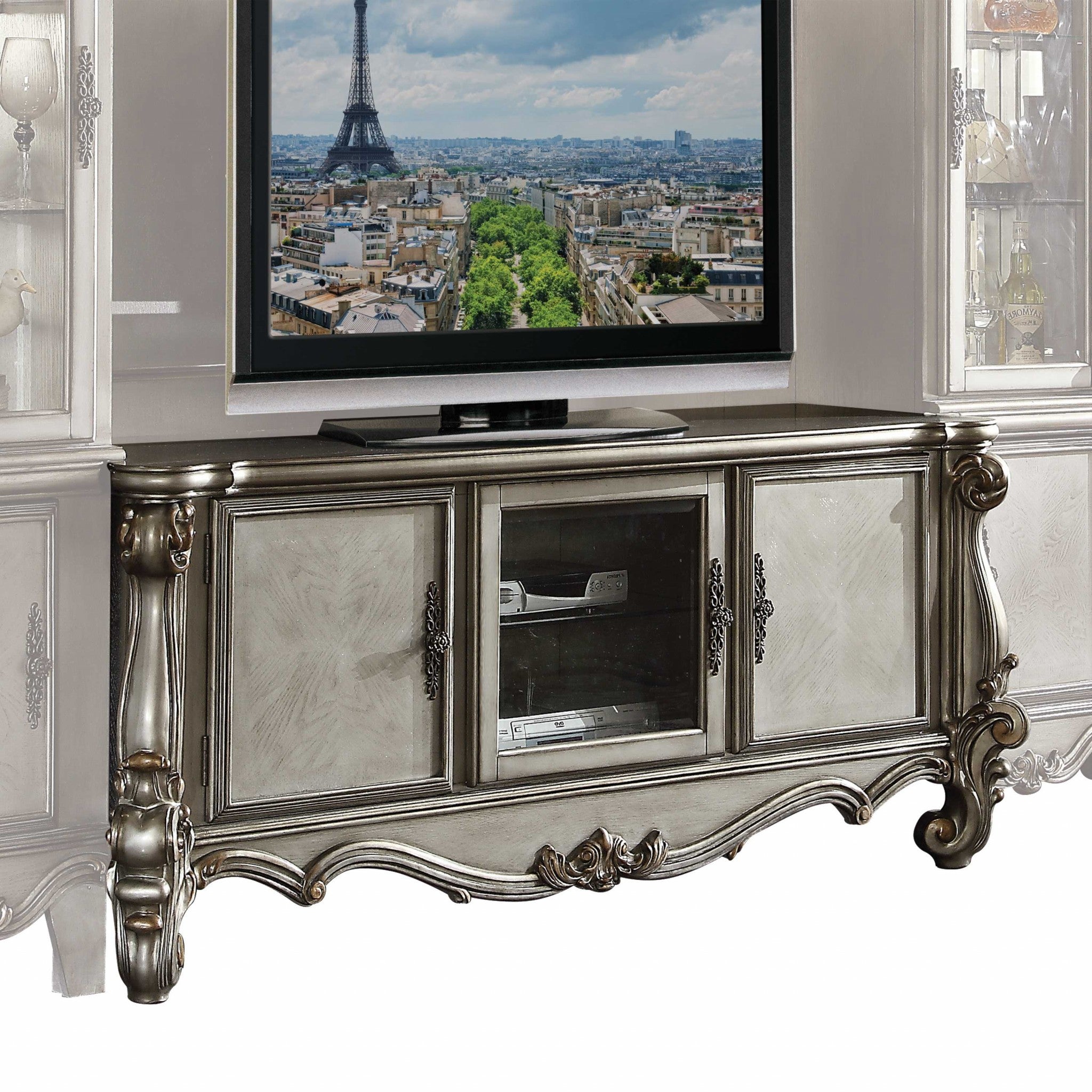 21" X 74" X 31" Antique Platinum Wood Poly Resin Glass Tv Console