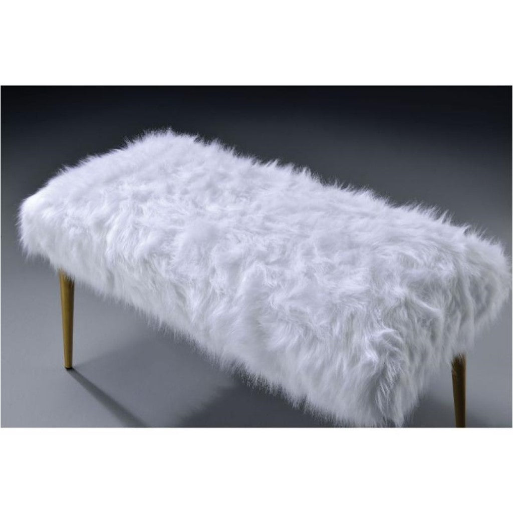 18" X 38" X 20" White Faux Fur Gold Metal Upholstered (Seat) Bench