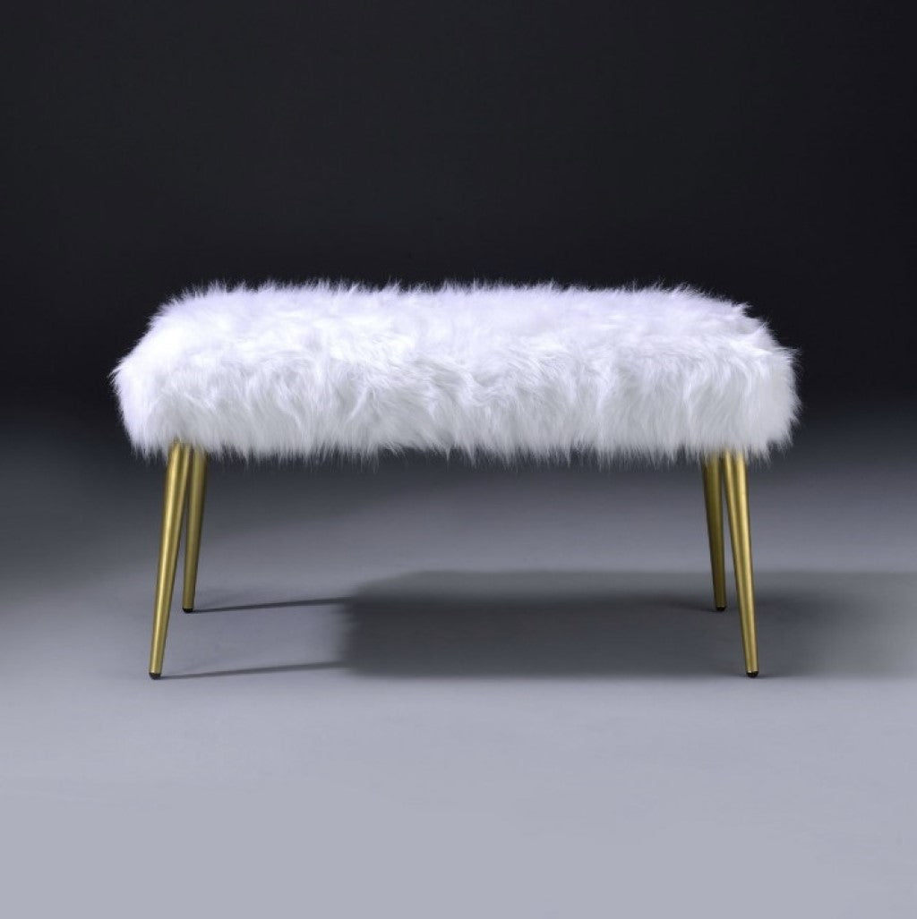 18" X 38" X 20" White Faux Fur Gold Metal Upholstered (Seat) Bench