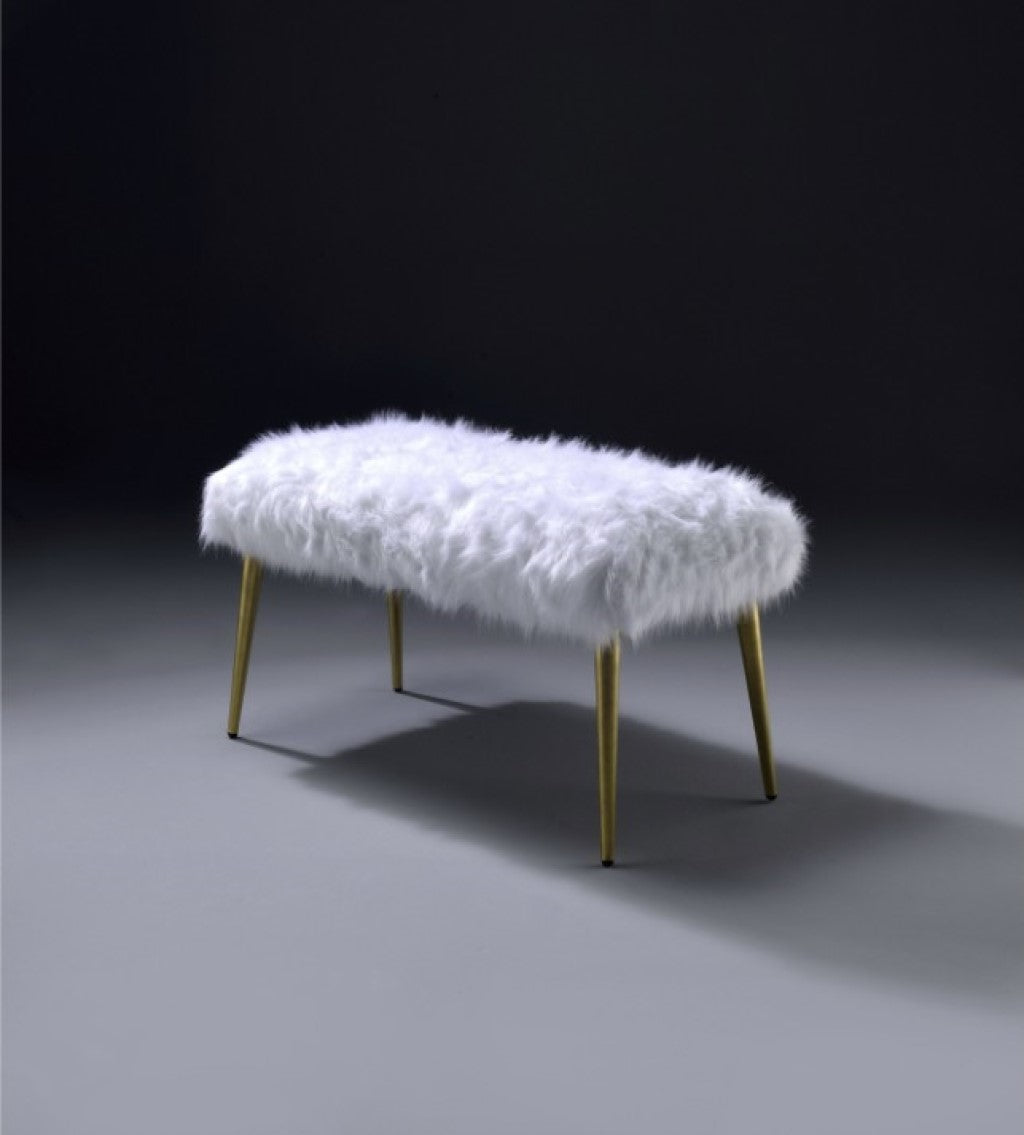 18" X 38" X 20" White Faux Fur Gold Metal Upholstered (Seat) Bench