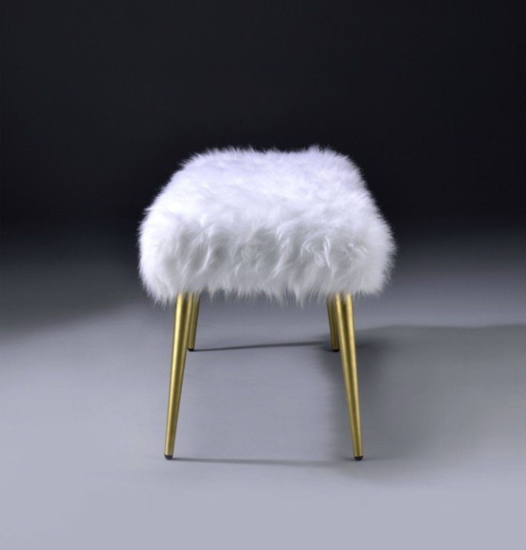 18" X 38" X 20" White Faux Fur Gold Metal Upholstered (Seat) Bench