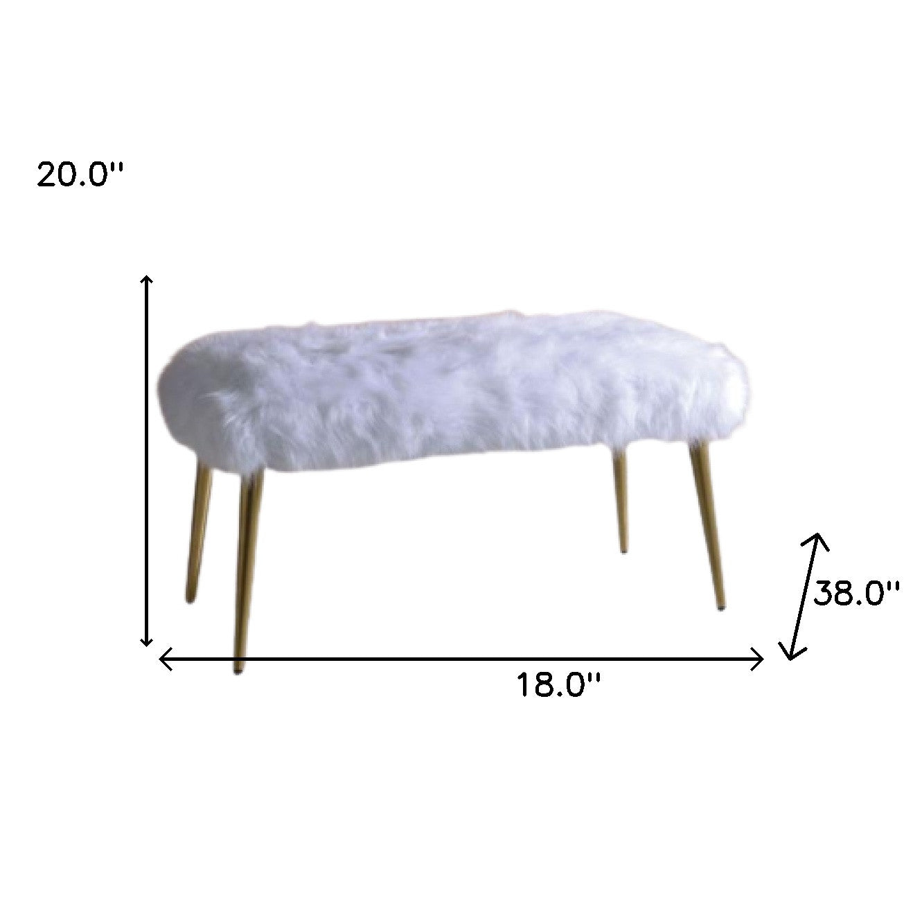 18" X 38" X 20" White Faux Fur Gold Metal Upholstered (Seat) Bench