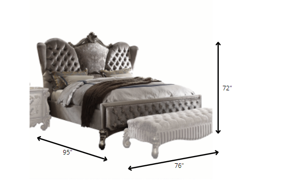 Queen Tufted Gray And Gray and Black Upholstered Velvet Bed With Nailhead Trim