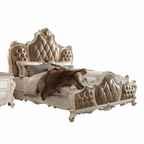 Queen Tufted Beige Upholstered Faux Leather Bed With Nailhead Trim