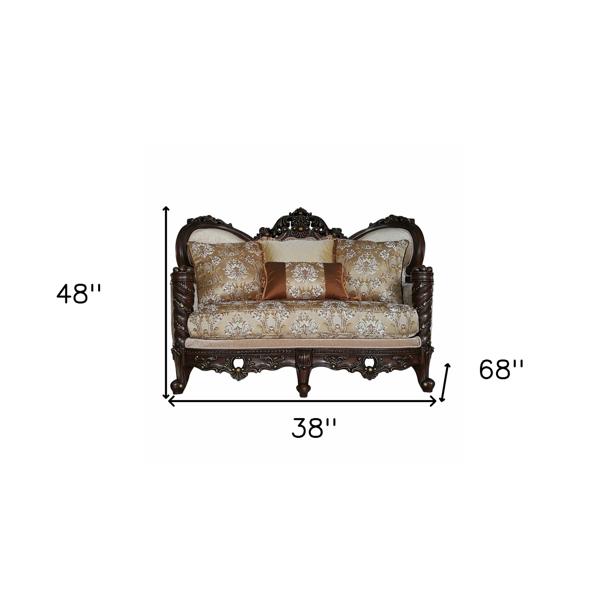 38" X 68" X 48" Fabric Dark Walnut Upholstery Wood Legtrim Loveseat W4 Pillows