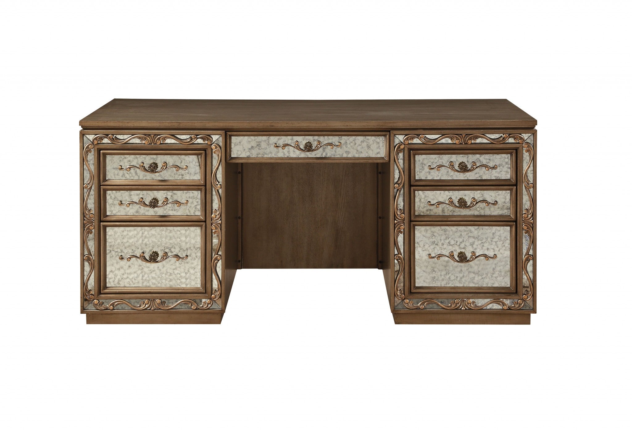 24" Gold Solid Wood Rectangular Credenza Desk With 7 Drawers