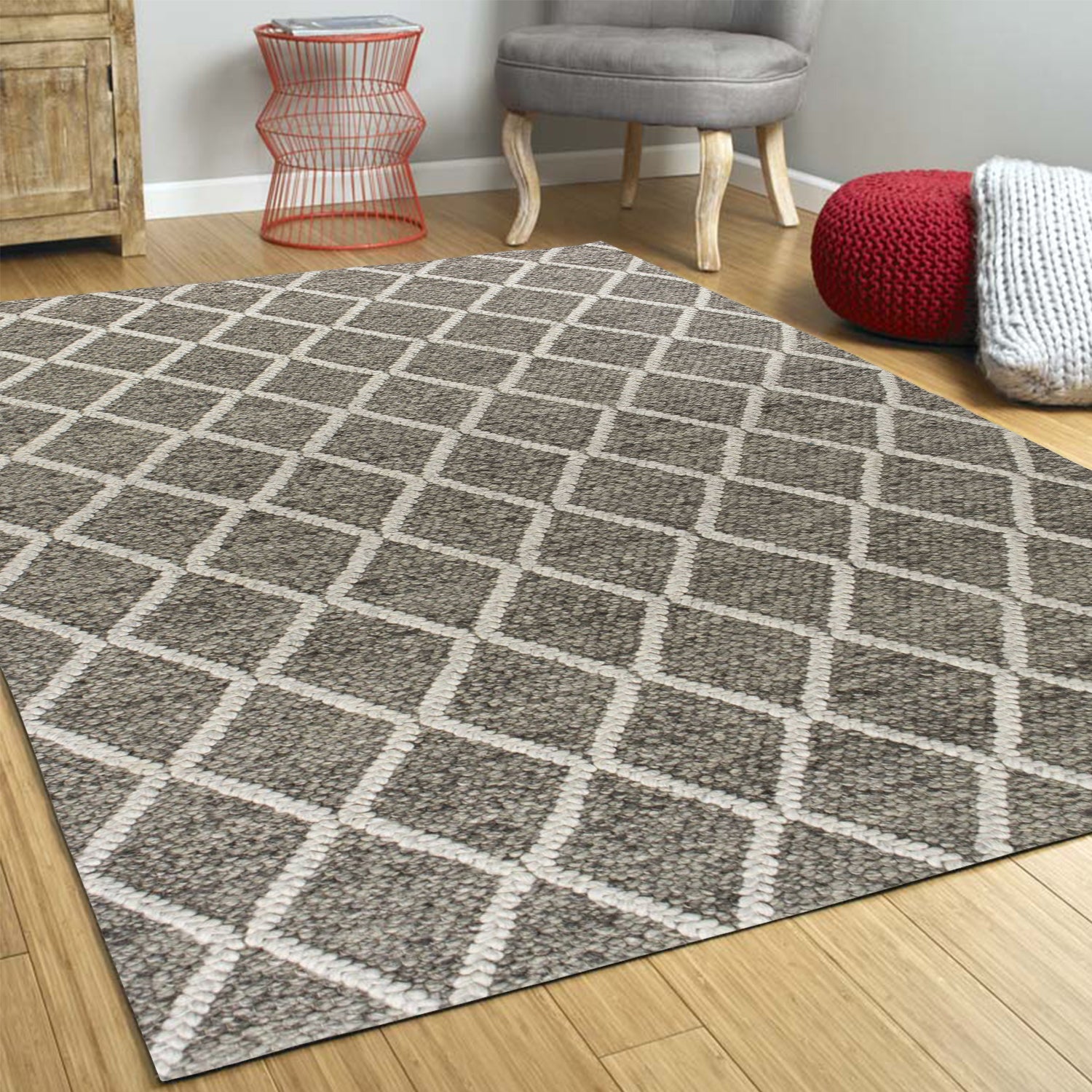 5'X7' Dark Grey Hand Woven Diamond Pattern Indoor Area Rug