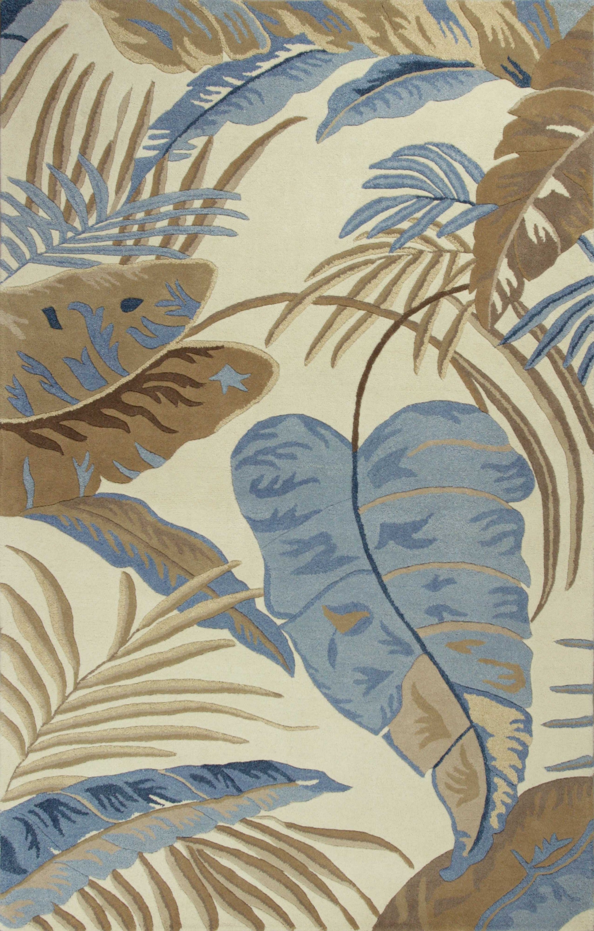 5'X8' Ivory Blue Hand Tufted Tropical Leaves Indoor Area Rug