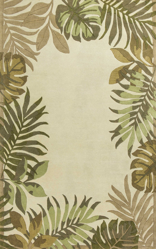 5'X8' Ivory Hand Tufted Bordered Tropical Leaves Indoor Area Rug