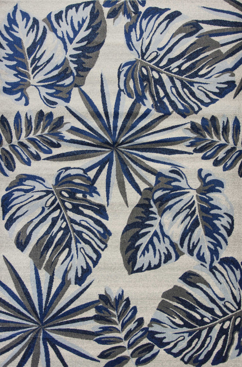 8'X11' Grey Blue Machine Woven Oversized Tropical Leaves Indoor Area Rug