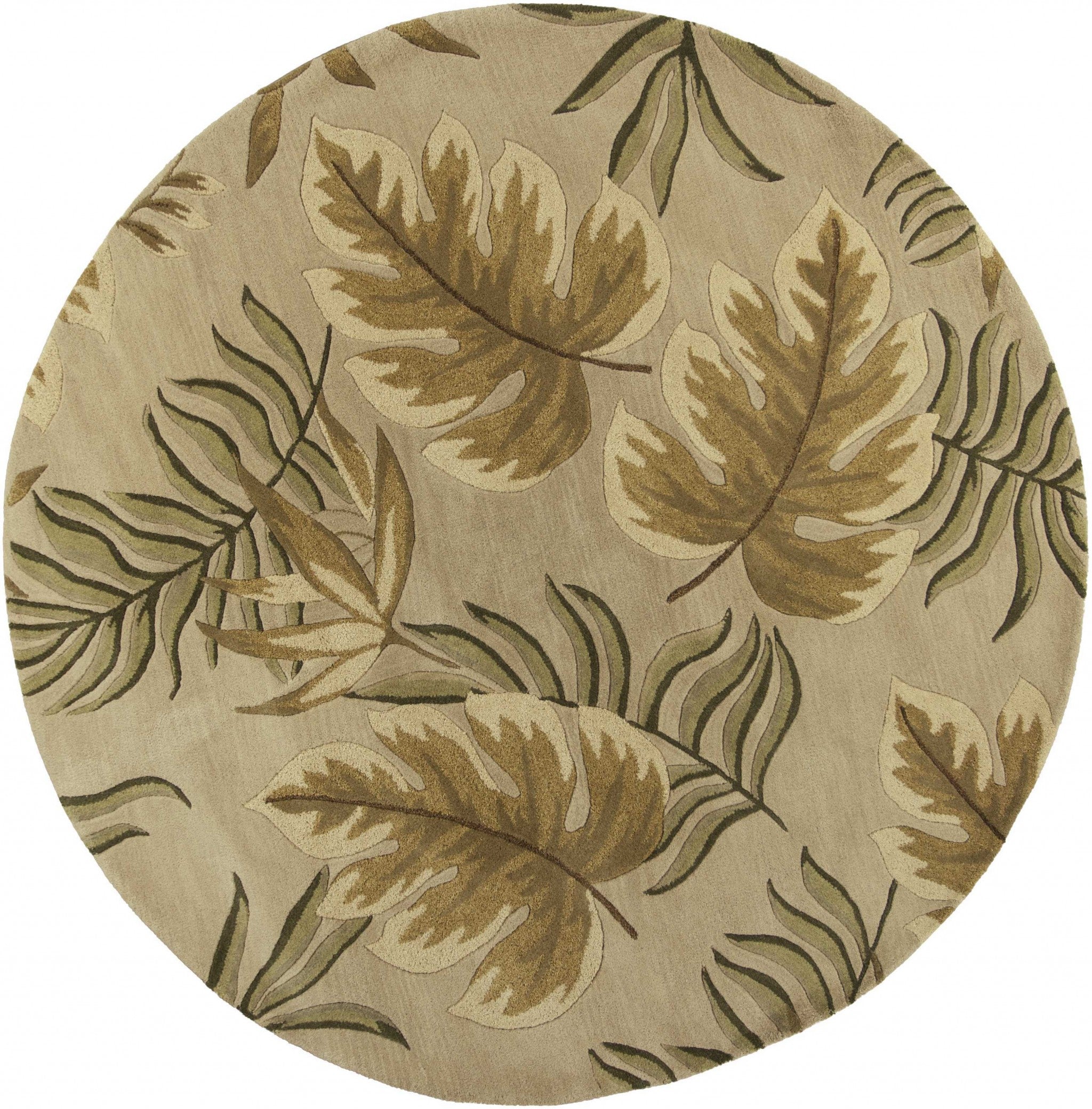 8' Sand Beige Hand Tufted Tropical Leaves Round Indoor Area Rug