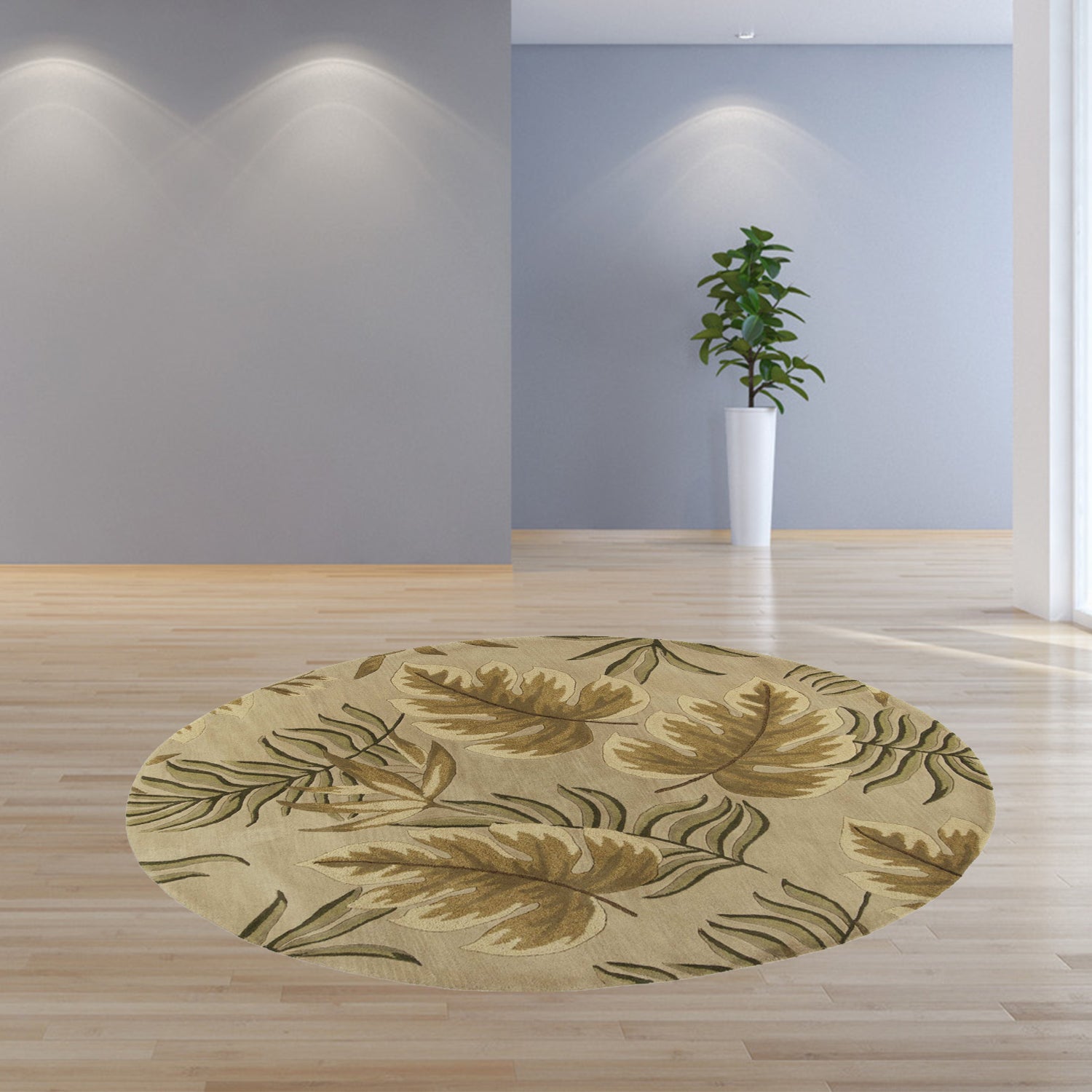 8' Sand Beige Hand Tufted Tropical Leaves Round Indoor Area Rug