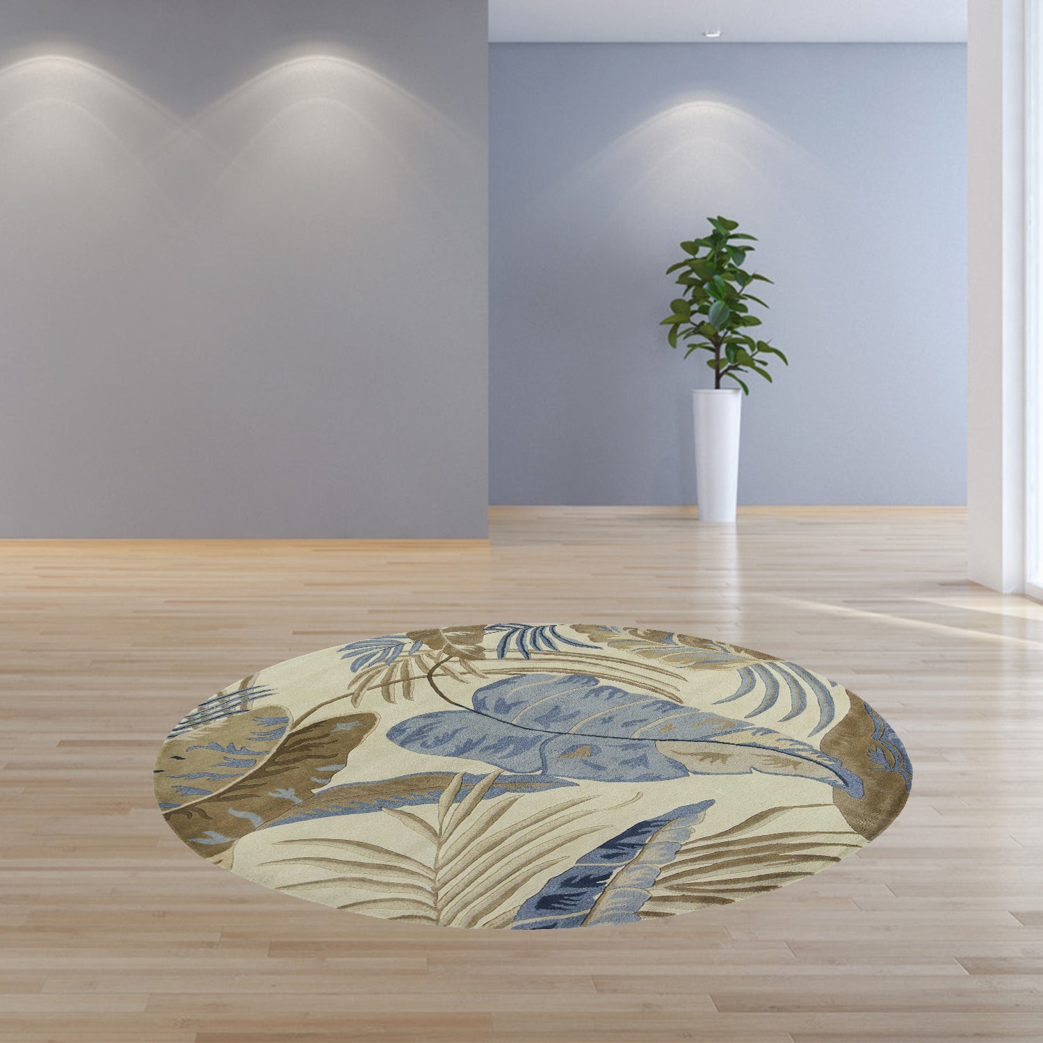 8' Ivory Blue Hand Tufted Tropical Leaves Round Indoor Area Rug