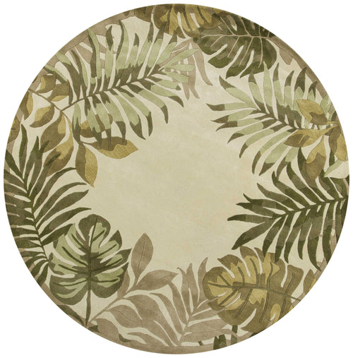 8' Ivory Hand Tufted Bordered Tropical Leaves Round Indoor Area Rug