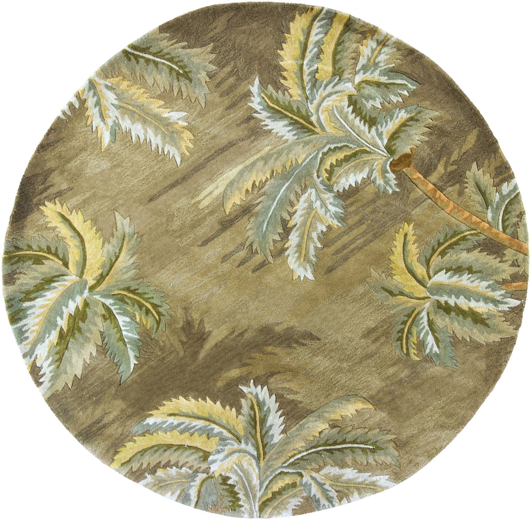 8' Moss Green Hand Tufted Tropical Trees Round Indoor Area Rug