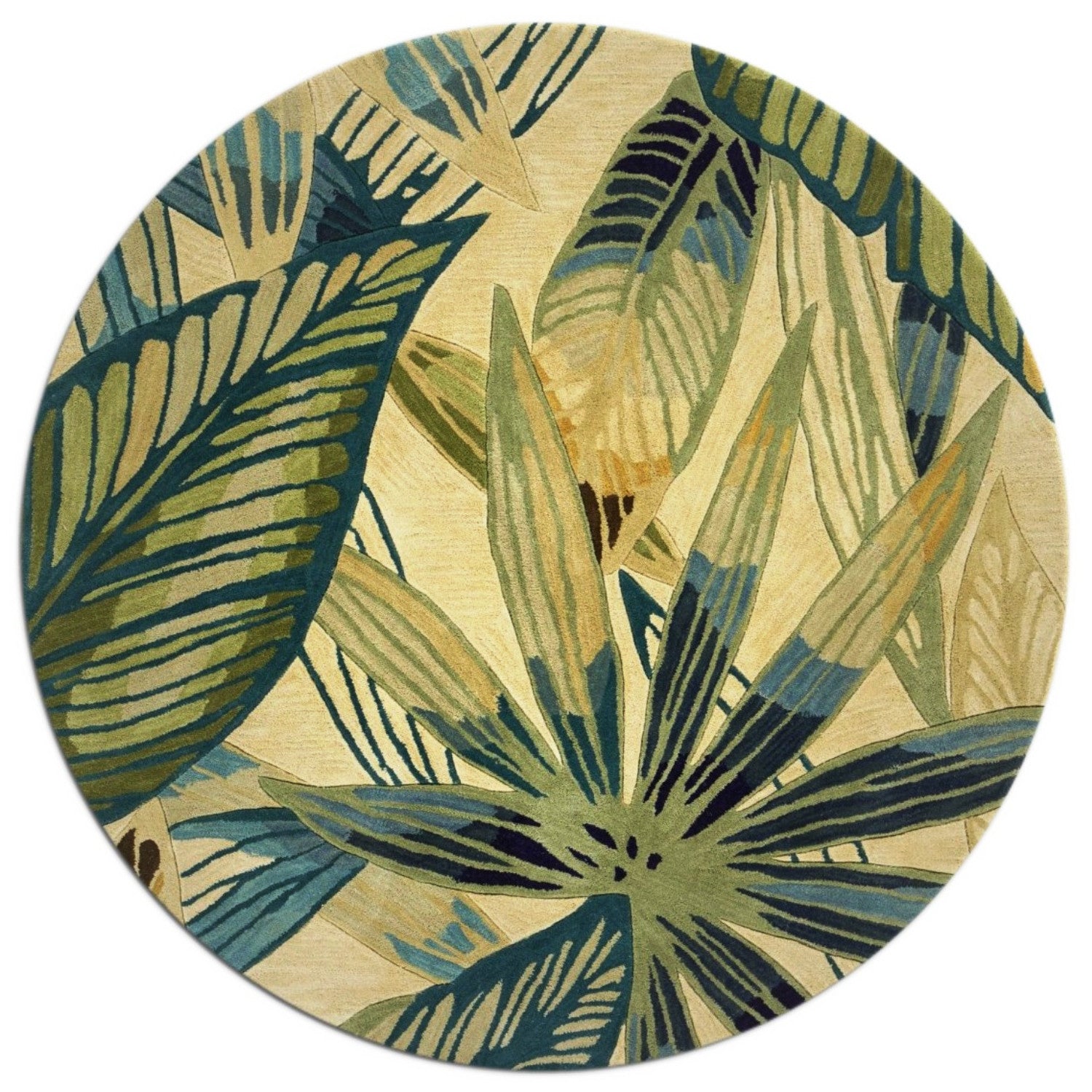 8' Ivory Teal Hand Tufted Tropical Leaves Round Indoor Area Rug